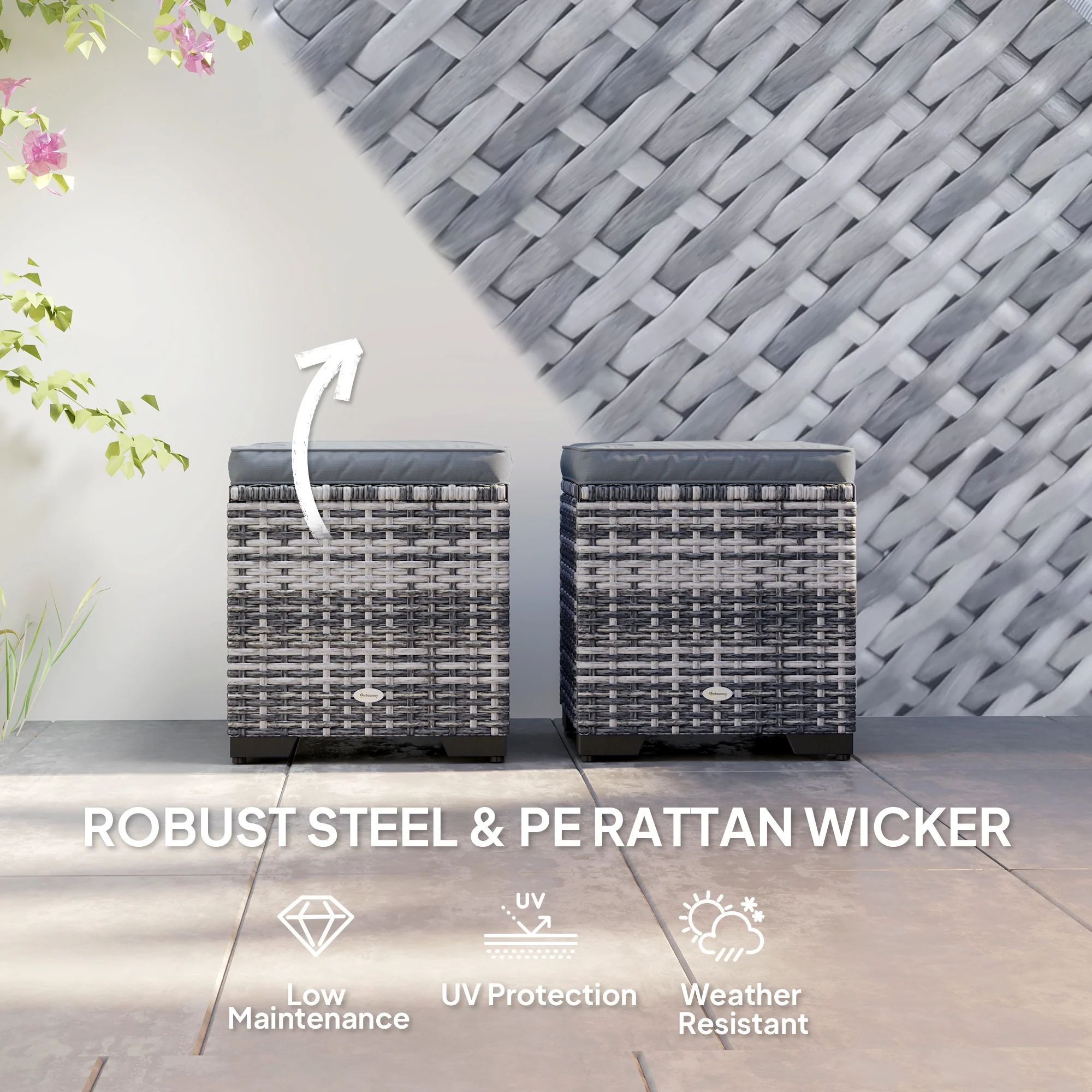 Set of 2 Rattan Storage Ottomans with Removable Cushions for Balcony, Living Room, Dark Grey - Image 8