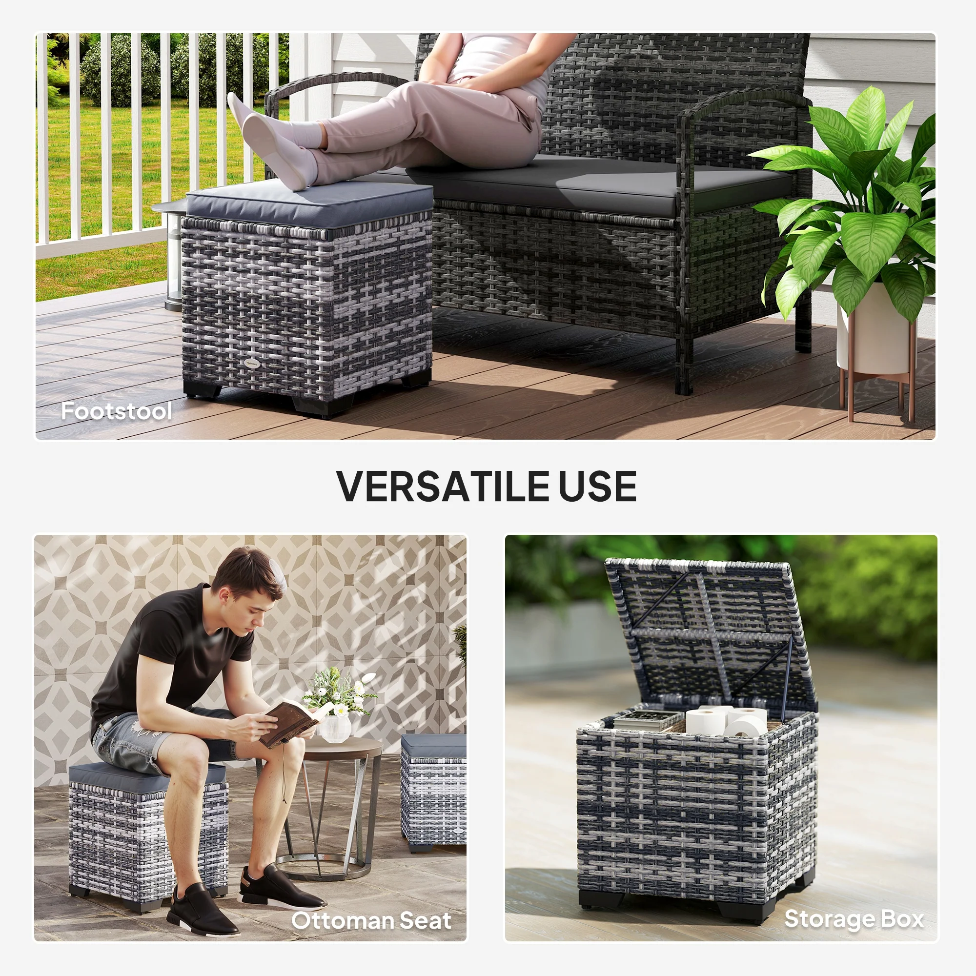 Set of 2 Rattan Storage Ottomans with Removable Cushions for Balcony, Living Room, Dark Grey - Image 9