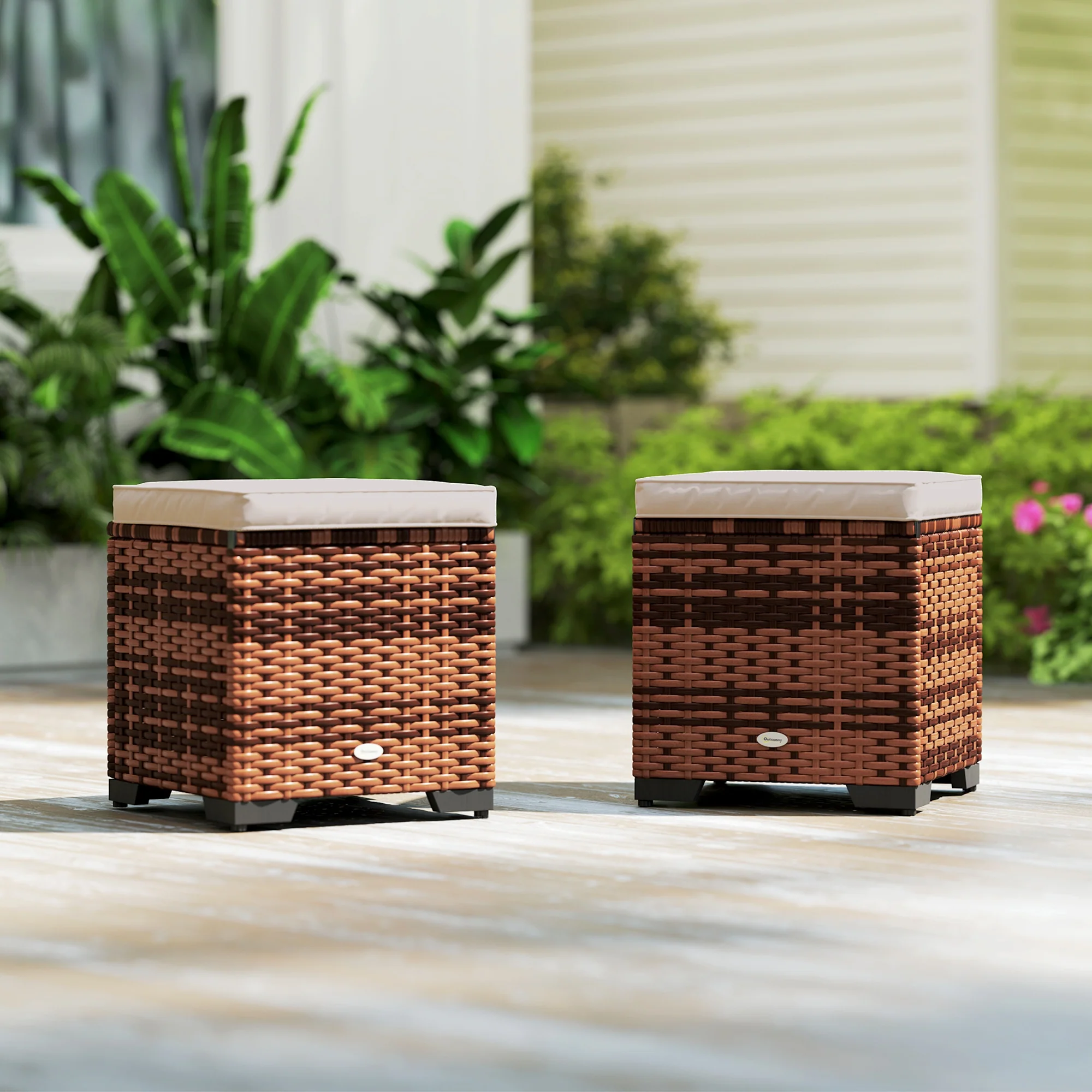 Set of 2 Rattan Storage Ottomans with Removable Cushions for Balcony, Living Room, Beige - Image 10