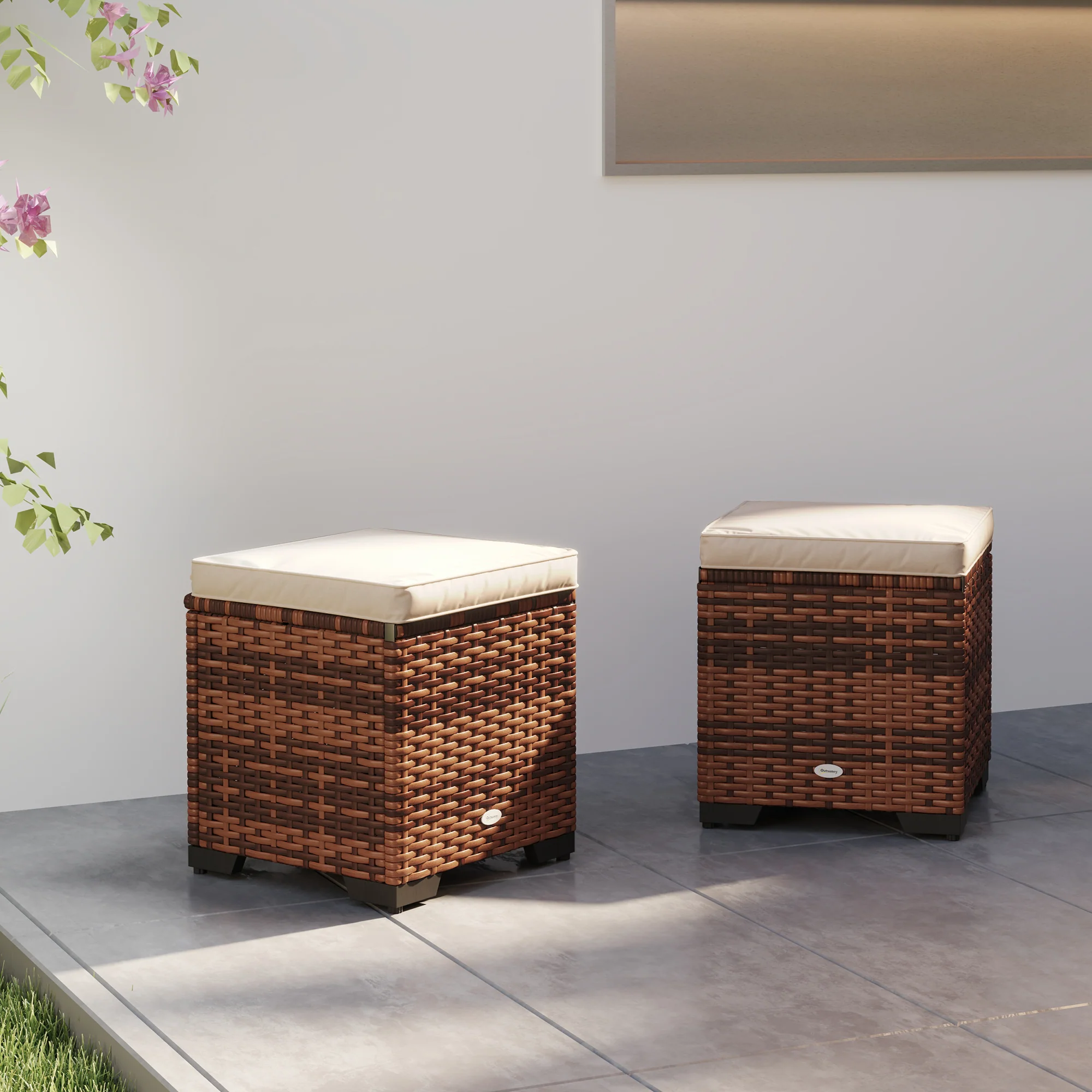 Set of 2 Rattan Storage Ottomans with Removable Cushions for Balcony, Living Room, Beige - Image 11