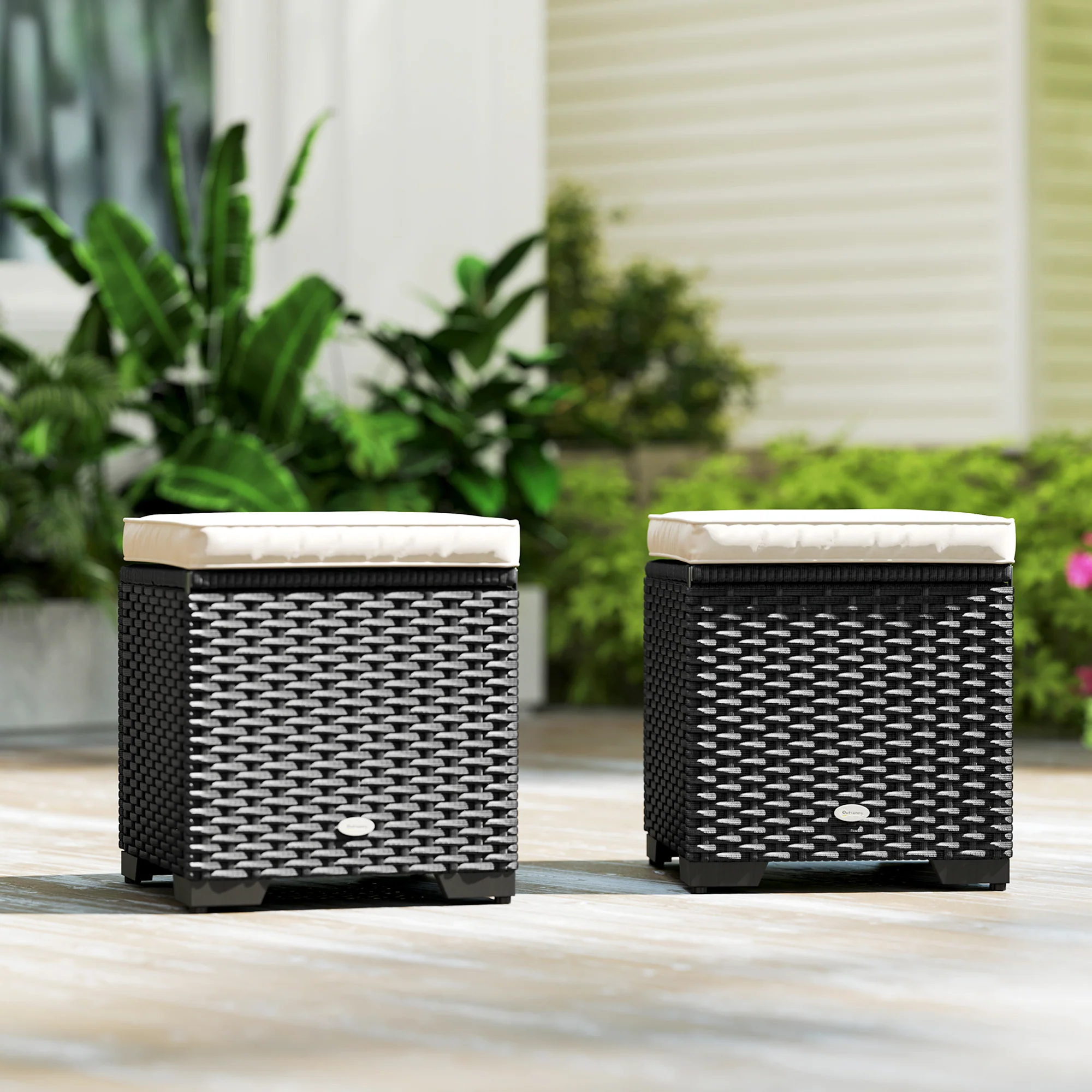 Set of 2 Rattan Storage Ottomans with Removable Cushions for Balcony, Living Room, Cream - Image 10