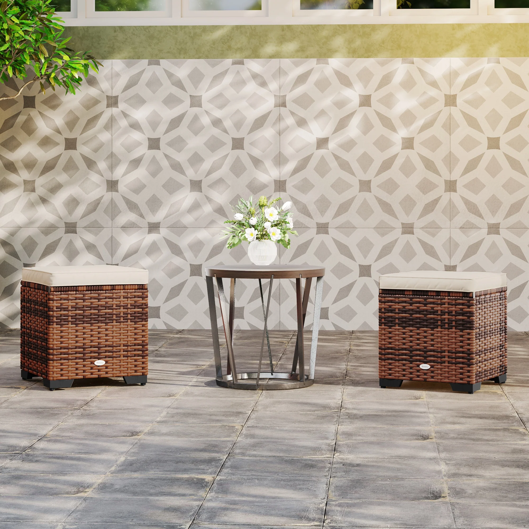 Set of 2 Rattan Storage Ottomans with Removable Cushions for Balcony, Living Room, Beige - Image 4