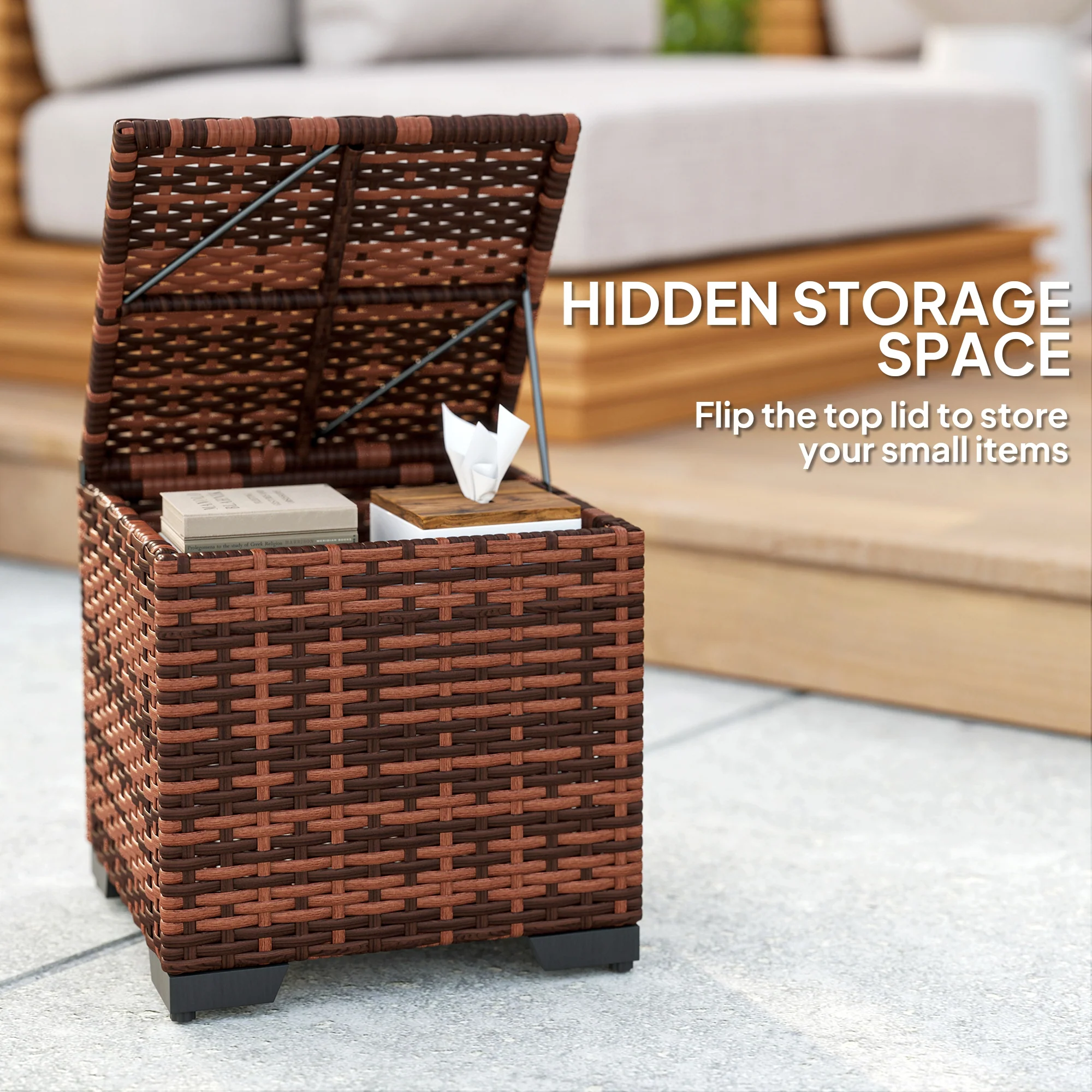 Set of 2 Rattan Storage Ottomans with Removable Cushions for Balcony, Living Room, Beige - Image 6