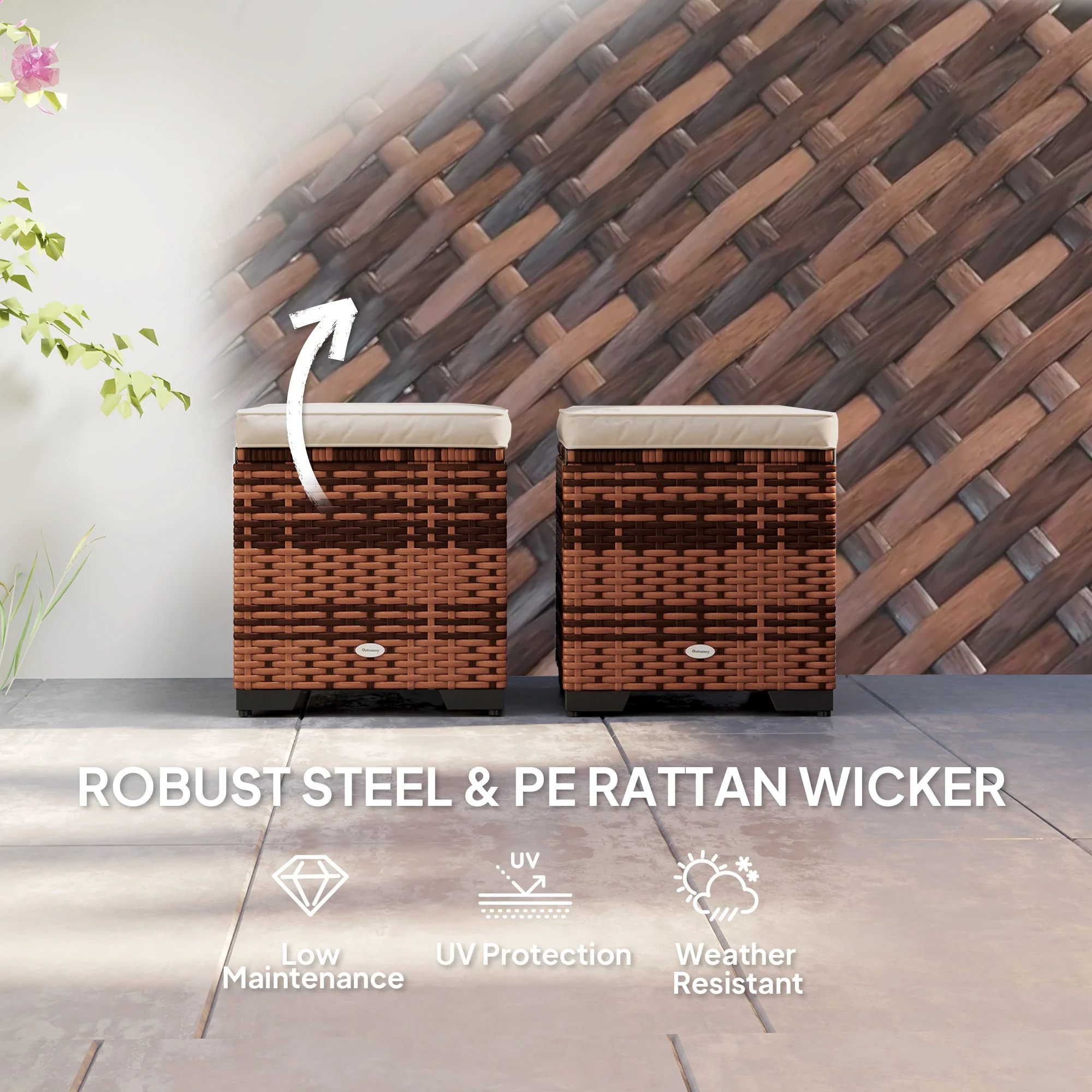 Set of 2 Rattan Storage Ottomans with Removable Cushions for Balcony, Living Room, Beige - Image 8