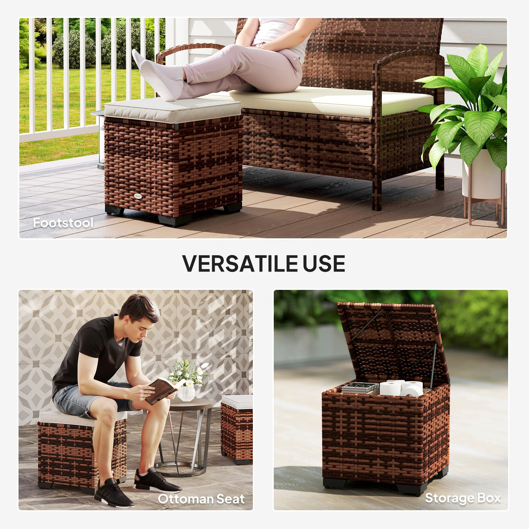 Set of 2 Rattan Storage Ottomans with Removable Cushions for Balcony, Living Room, Beige - Image 9