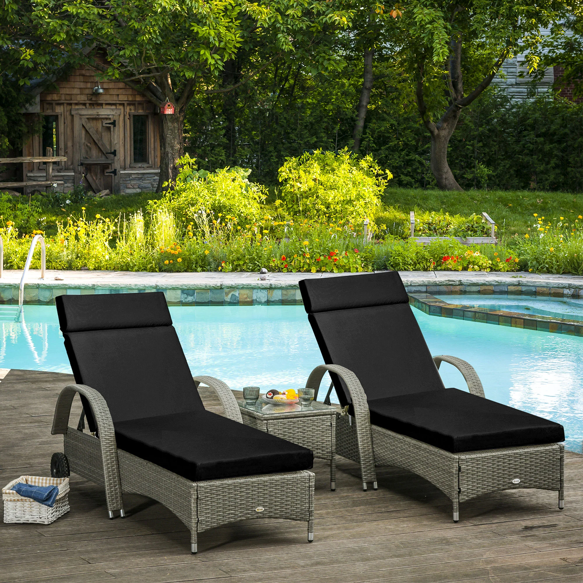 2 Piece Sun Lounger Replacement Cushions w/ Ties for Rattan Furniture, 196 x 55 cm, Black - Image 3