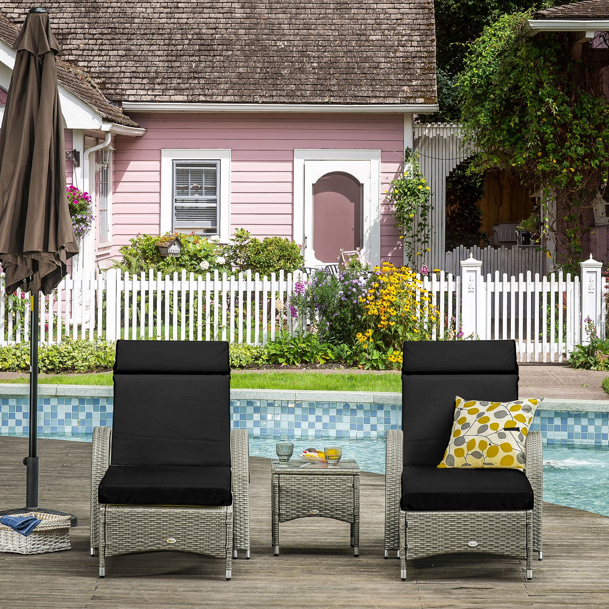 2 Piece Sun Lounger Replacement Cushions w/ Ties for Rattan Furniture, 196 x 55 cm, Black - Image 4