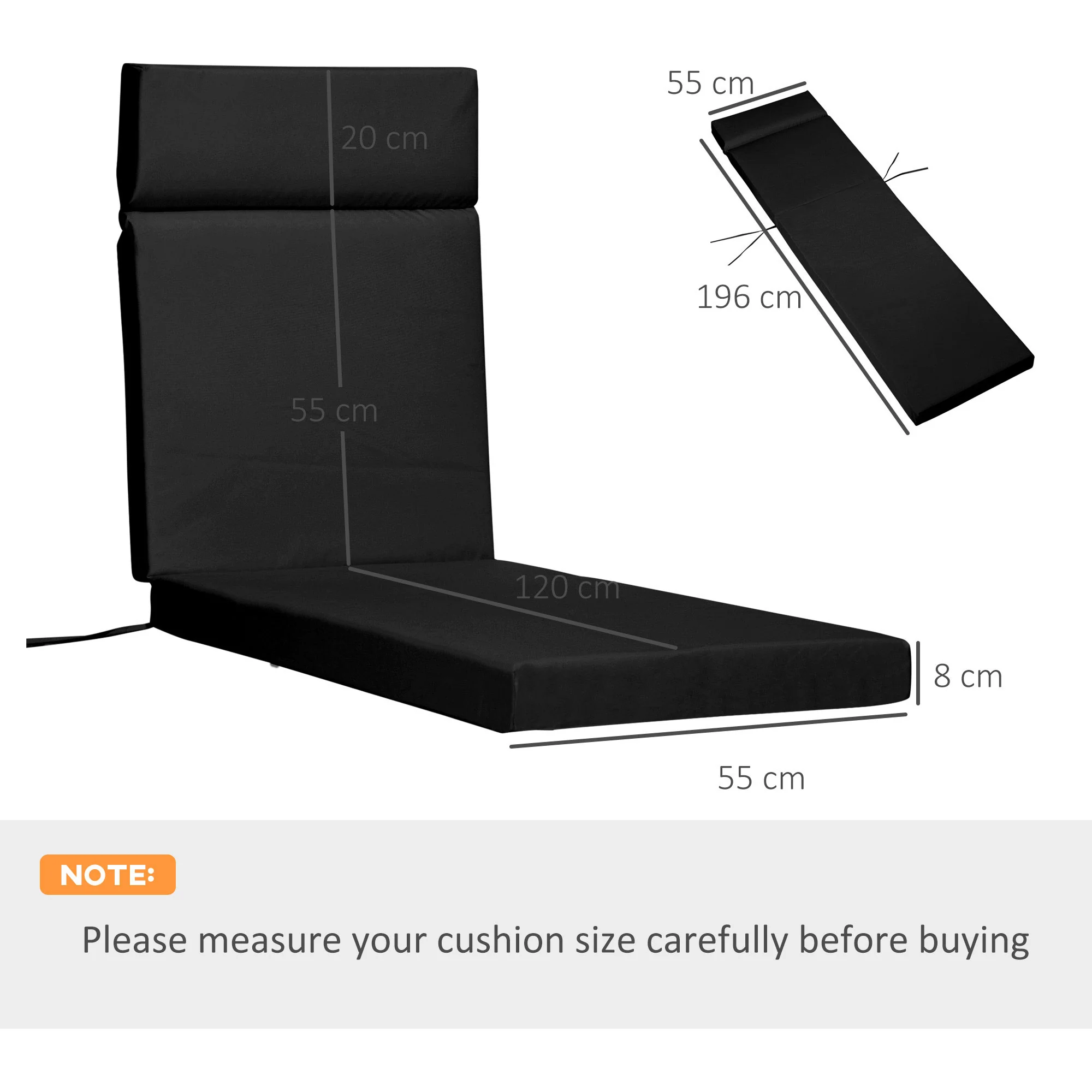 2 Piece Sun Lounger Replacement Cushions w/ Ties for Rattan Furniture, 196 x 55 cm, Black - Image 5