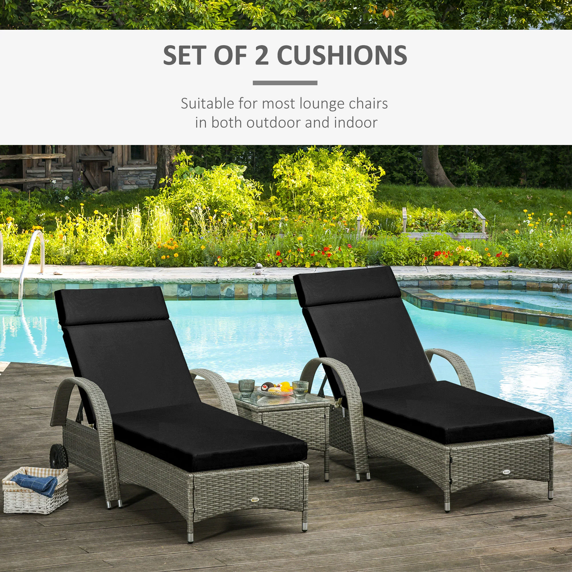 2 Piece Sun Lounger Replacement Cushions w/ Ties for Rattan Furniture, 196 x 55 cm, Black - Image 6