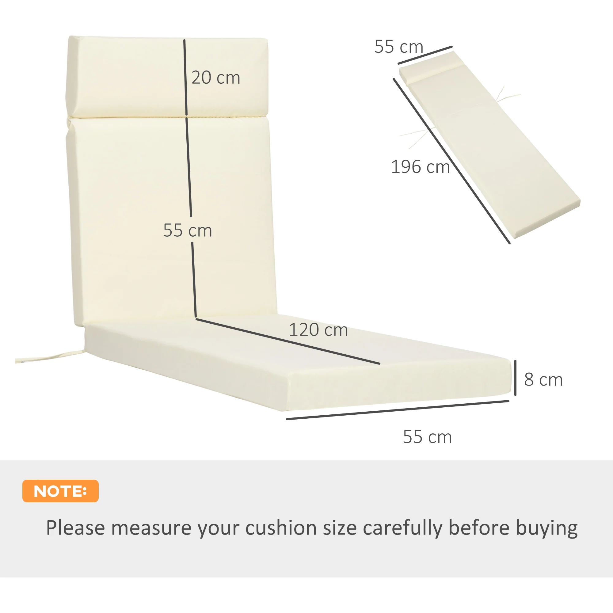 2 Piece Sun Lounger Replacement Cushions w/ Ties for Rattan Furniture, 196 x 55 cm, Cream White - Image 5