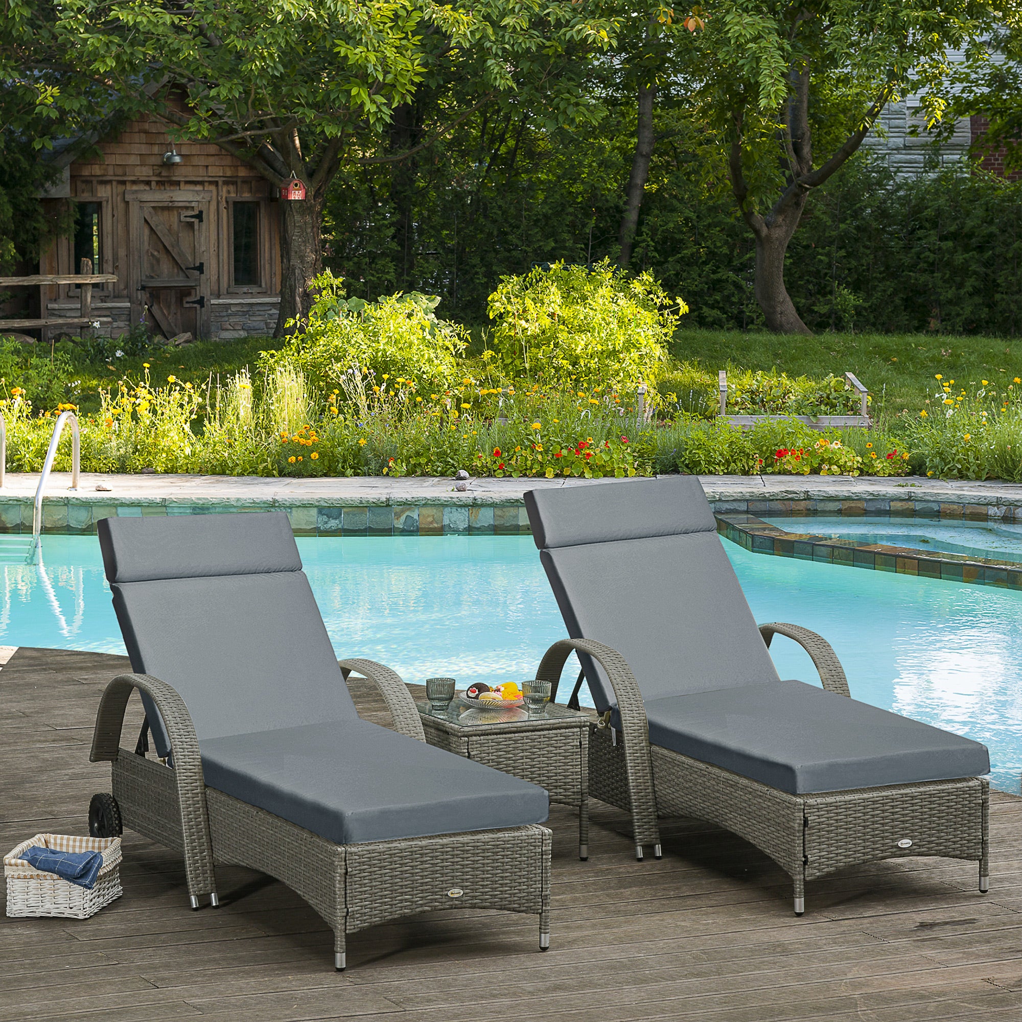 2 Piece Sun Lounger Replacement Cushions w/ Ties for Rattan Furniture, 196 x 55 cm, Dark Grey - Image 3