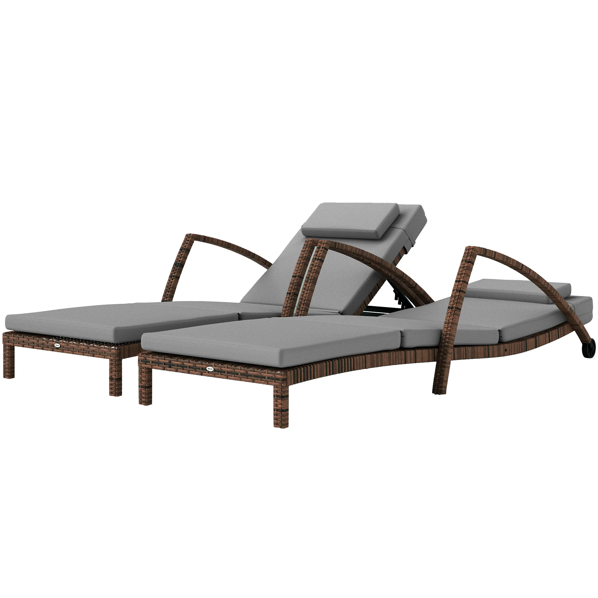 Set of 2 Wicker Chaise Lounger  with 5 Adjustable Back, Wheels, Cushion & Armrests, Grey - Image 2