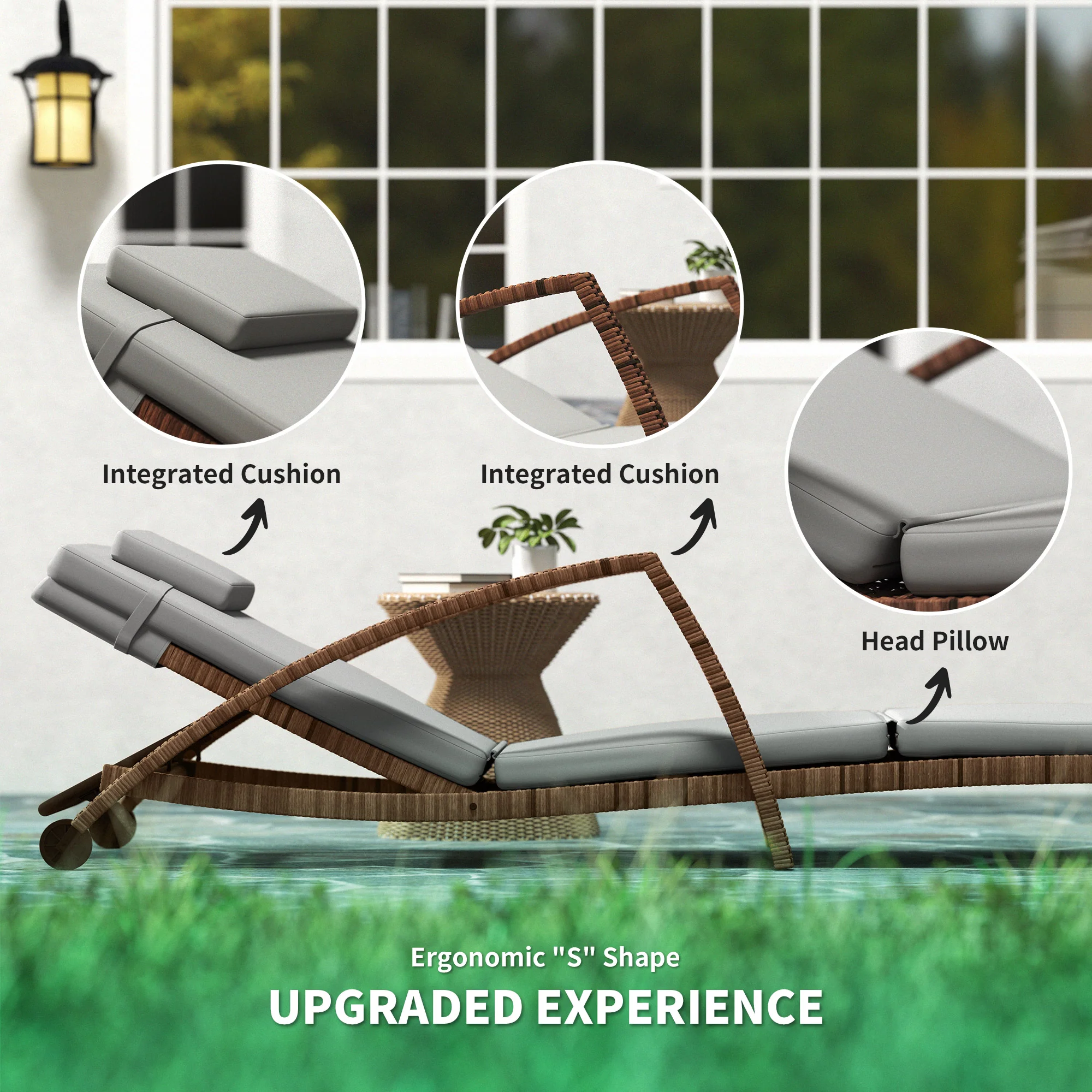 Set of 2 Wicker Chaise Lounger  with 5 Adjustable Back, Wheels, Cushion & Armrests, Grey - Image 8