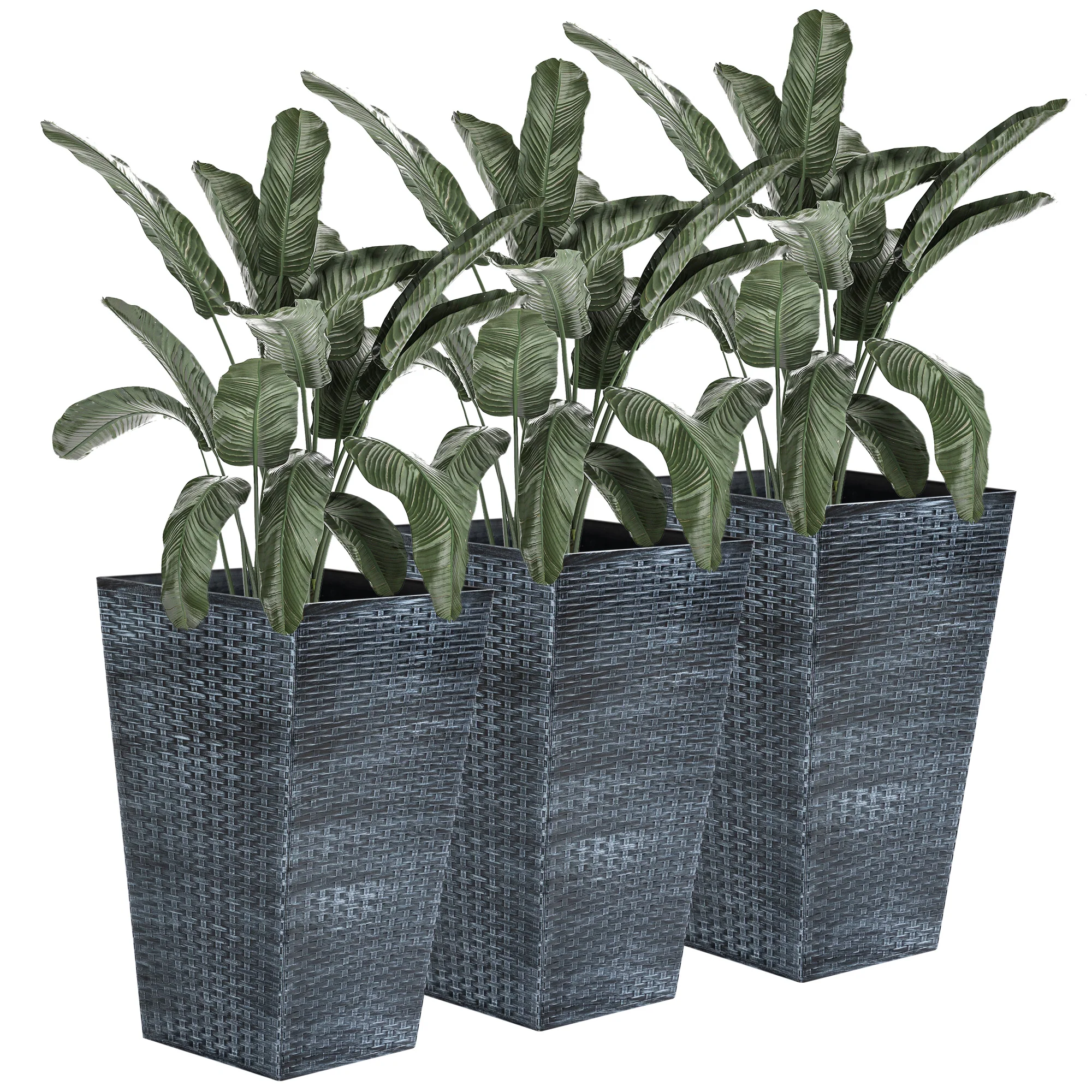 Set of 3 Tall Planters for Outdoor Plants with Drainage Hole, Indoor Outdoor Planter Flower Pot Set for Front Door, Entryway, Patio and Deck, Mixed Grey - Image 2