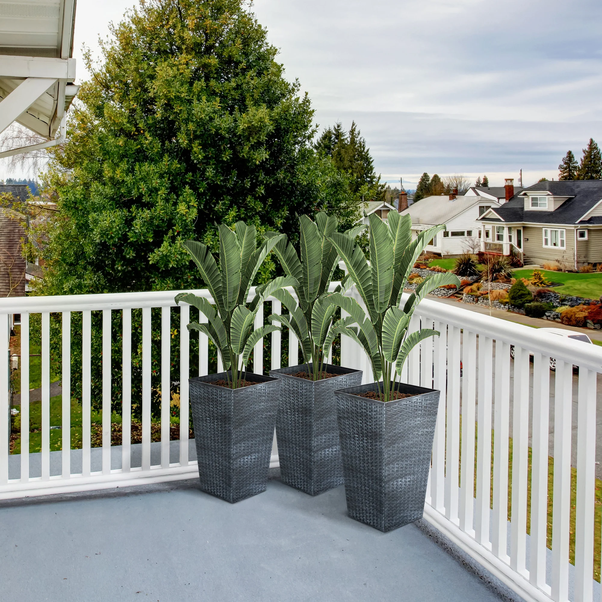 Set of 3 Tall Planters for Outdoor Plants with Drainage Hole, Indoor Outdoor Planter Flower Pot Set for Front Door, Entryway, Patio and Deck, Mixed Grey - Image 4