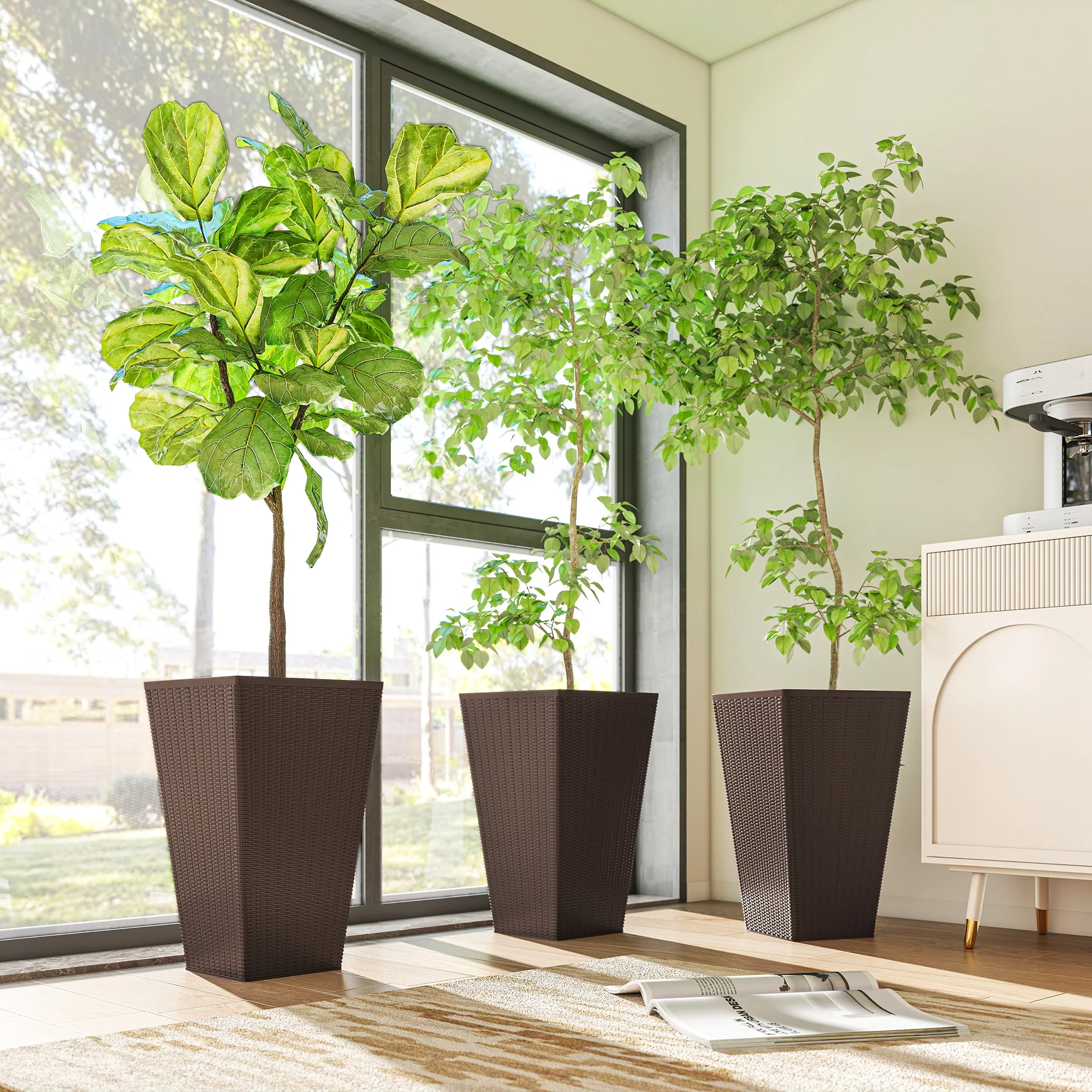 Set of 3 Tall Planters for Outdoor Plants with Drainage Hole, Indoor Outdoor Planter Flower Pot Set for Front Door, Entryway, Patio and Deck, Brown - Image 10