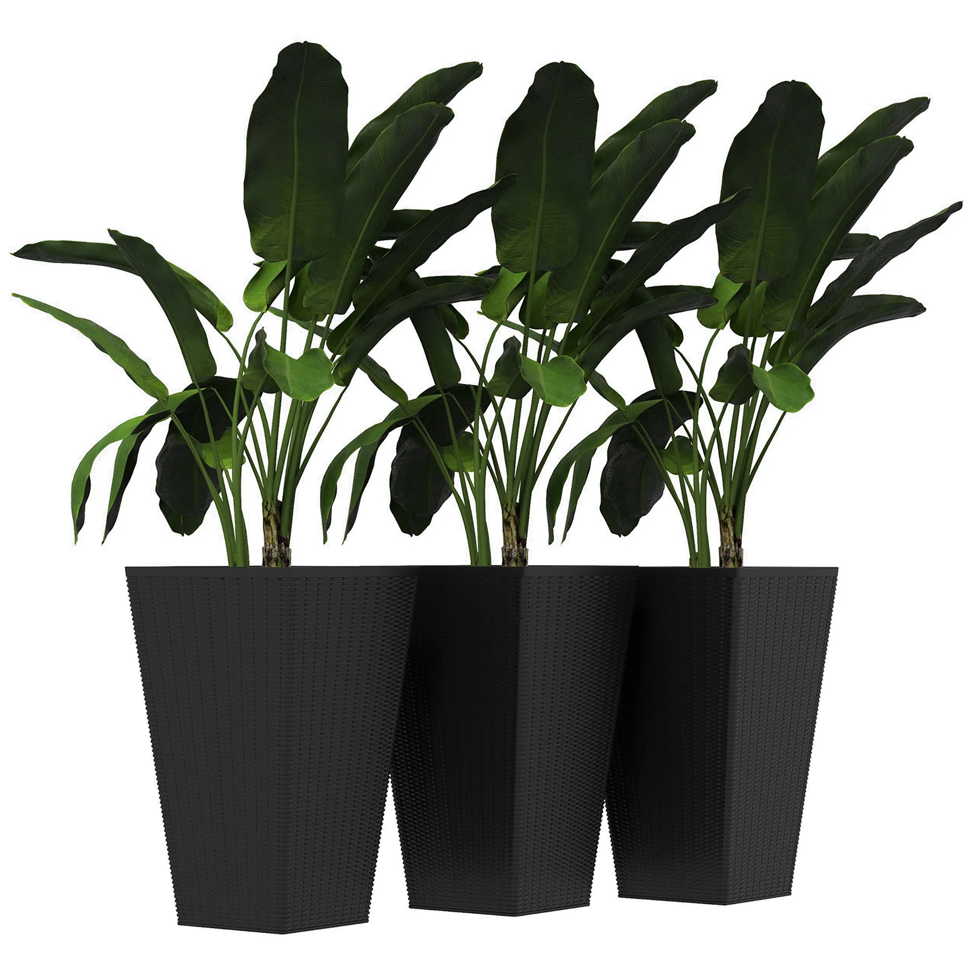 Set of 3 Tall Planters for Outdoor Plants with Drainage Hole, Indoor Outdoor Planter Flower Pot Set for Front Door, Entryway, Patio and Deck, Black