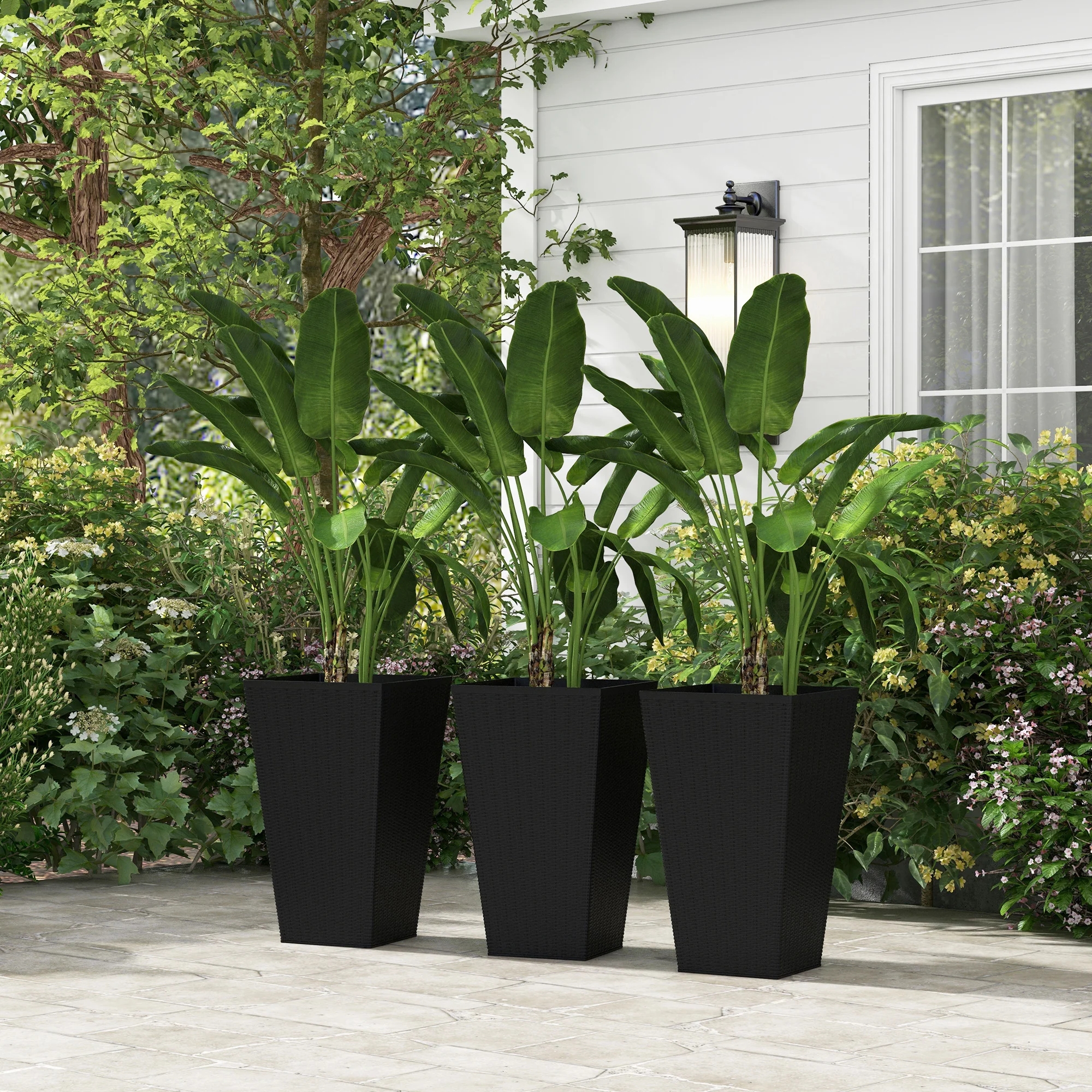 Set of 3 Tall Planters for Outdoor Plants with Drainage Hole, Indoor Outdoor Planter Flower Pot Set for Front Door, Entryway, Patio and Deck, Black - Image 3