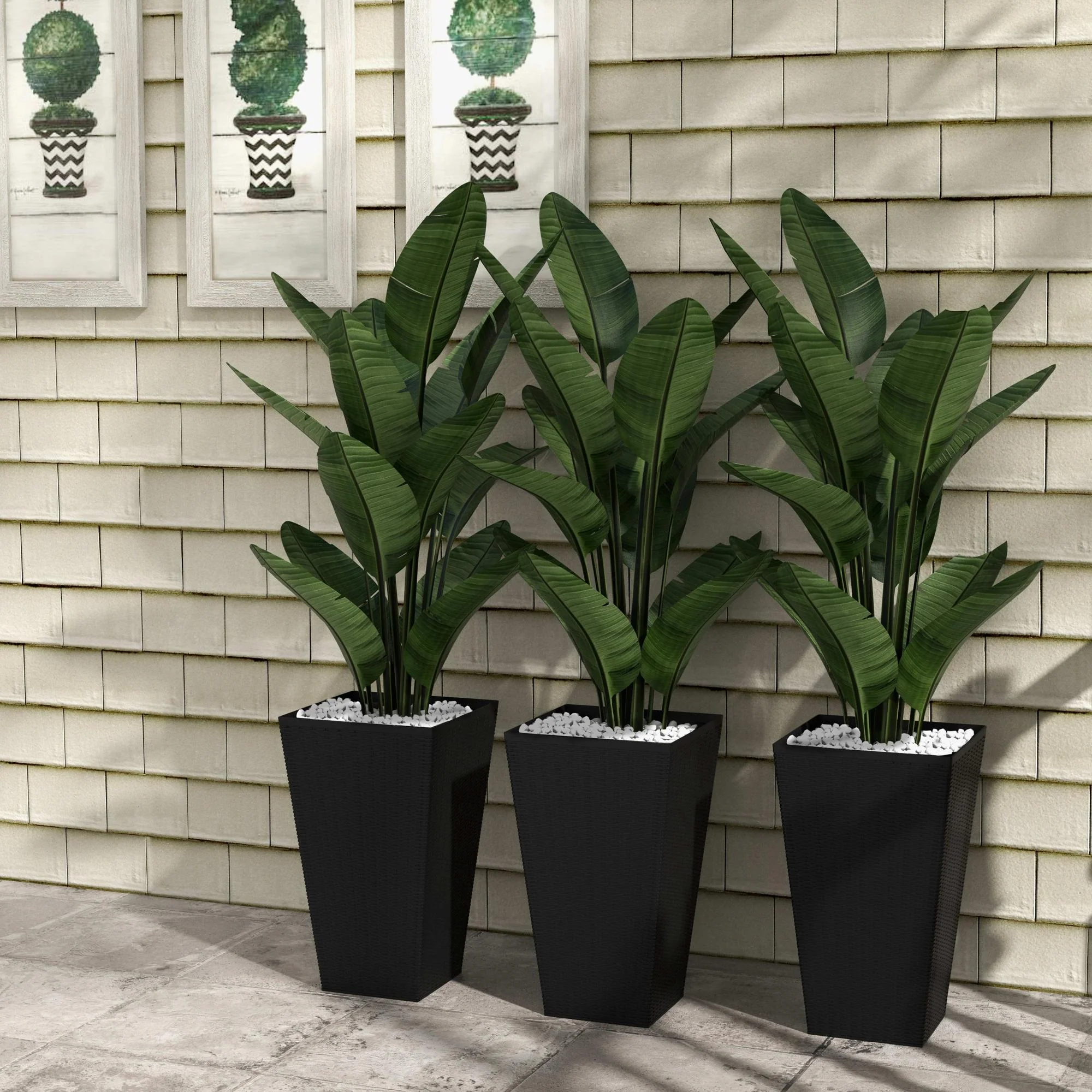 Set of 3 Tall Planters for Outdoor Plants with Drainage Hole, Indoor Outdoor Planter Flower Pot Set for Front Door, Entryway, Patio and Deck, Black - Image 4