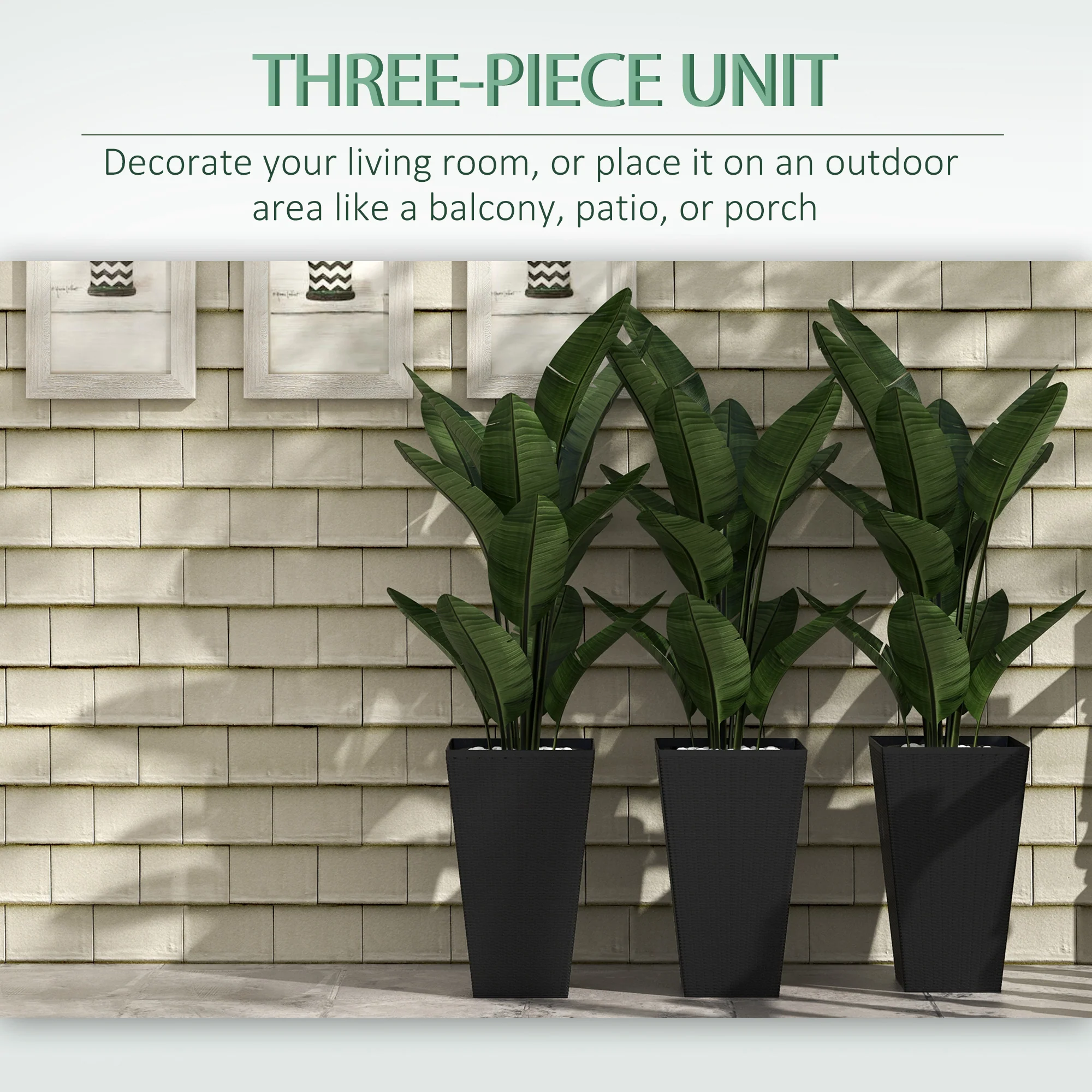 Set of 3 Tall Planters for Outdoor Plants with Drainage Hole, Indoor Outdoor Planter Flower Pot Set for Front Door, Entryway, Patio and Deck, Black - Image 7