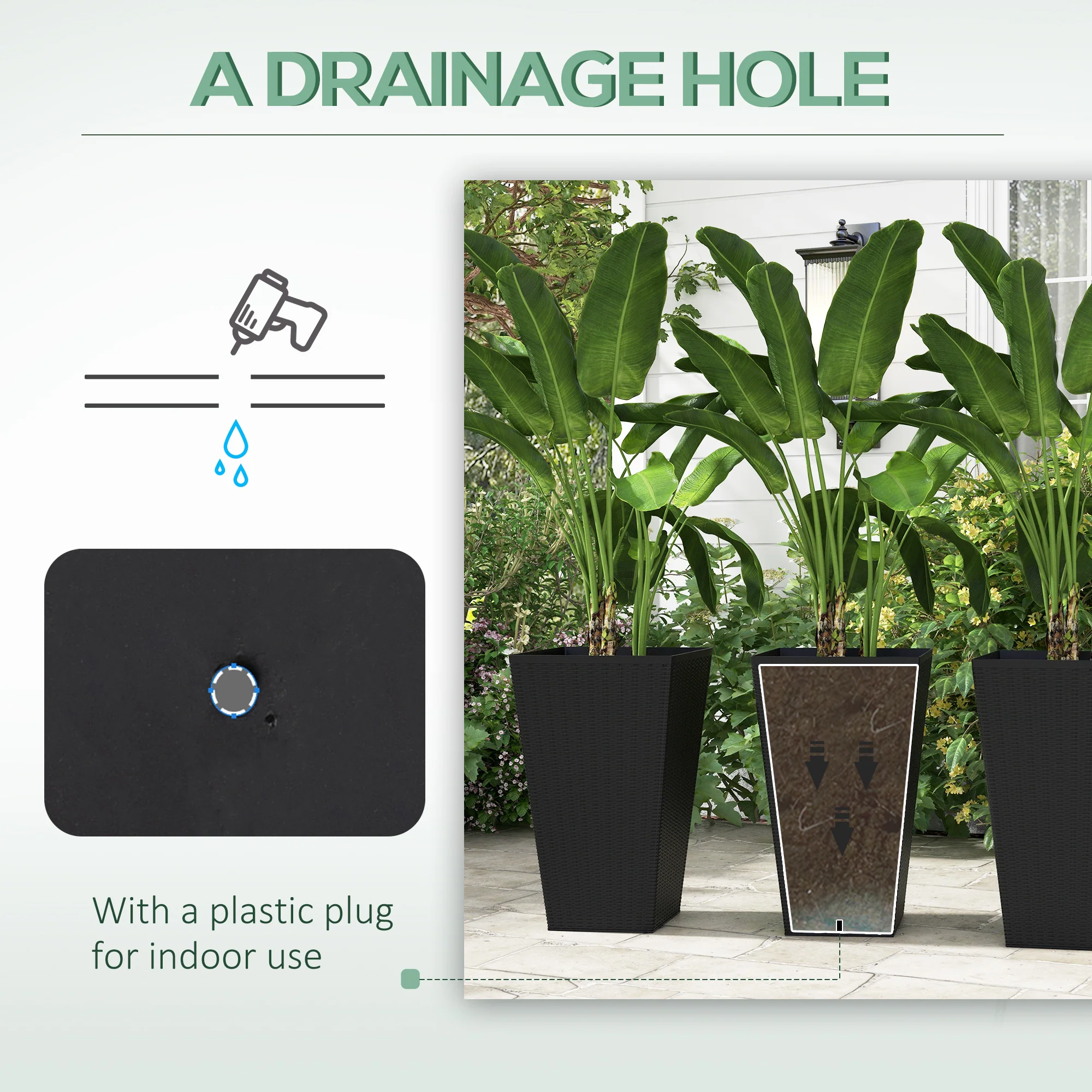 Set of 3 Tall Planters for Outdoor Plants with Drainage Hole, Indoor Outdoor Planter Flower Pot Set for Front Door, Entryway, Patio and Deck, Black - Image 8