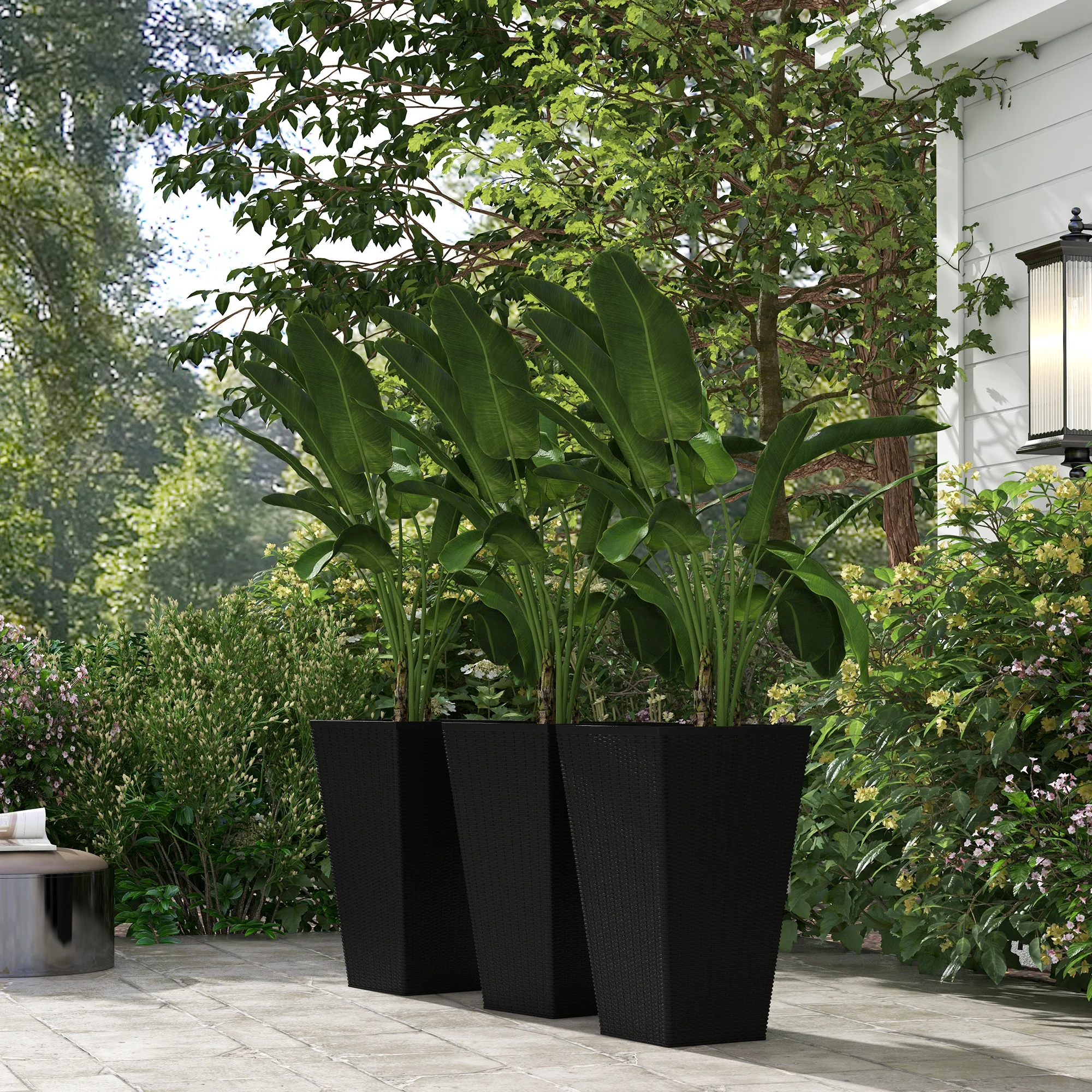 Set of 3 Tall Planters for Outdoor Plants with Drainage Hole, Indoor Outdoor Planter Flower Pot Set for Front Door, Entryway, Patio and Deck, Black - Image 9
