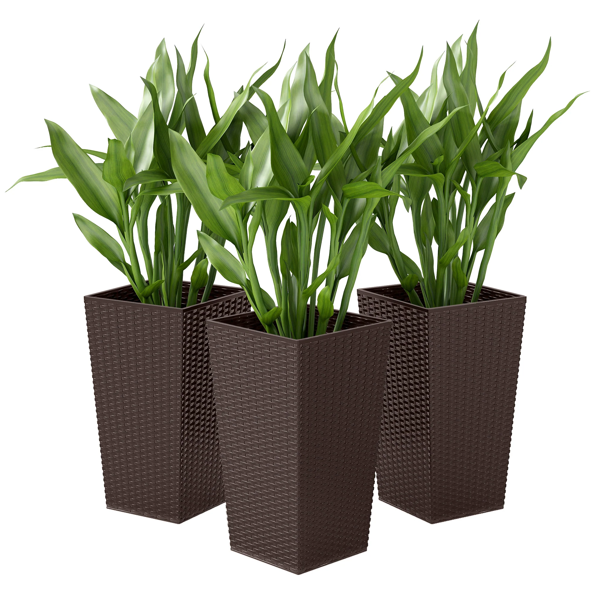 Set of 3 Tall Planters for Outdoor Plants with Drainage Hole, Indoor Outdoor Planter Flower Pot Set for Front Door, Entryway, Patio and Deck, Brown - Image 2