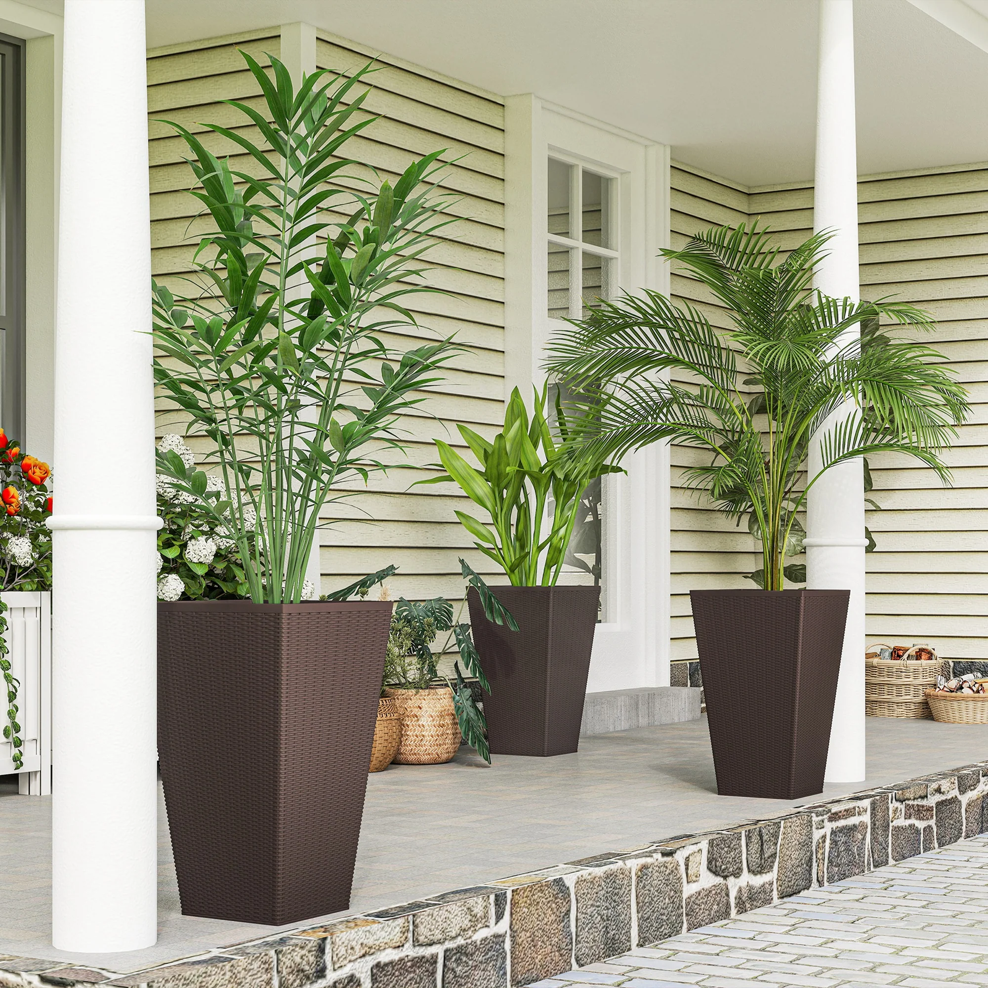 Set of 3 Tall Planters for Outdoor Plants with Drainage Hole, Indoor Outdoor Planter Flower Pot Set for Front Door, Entryway, Patio and Deck, Brown - Image 3