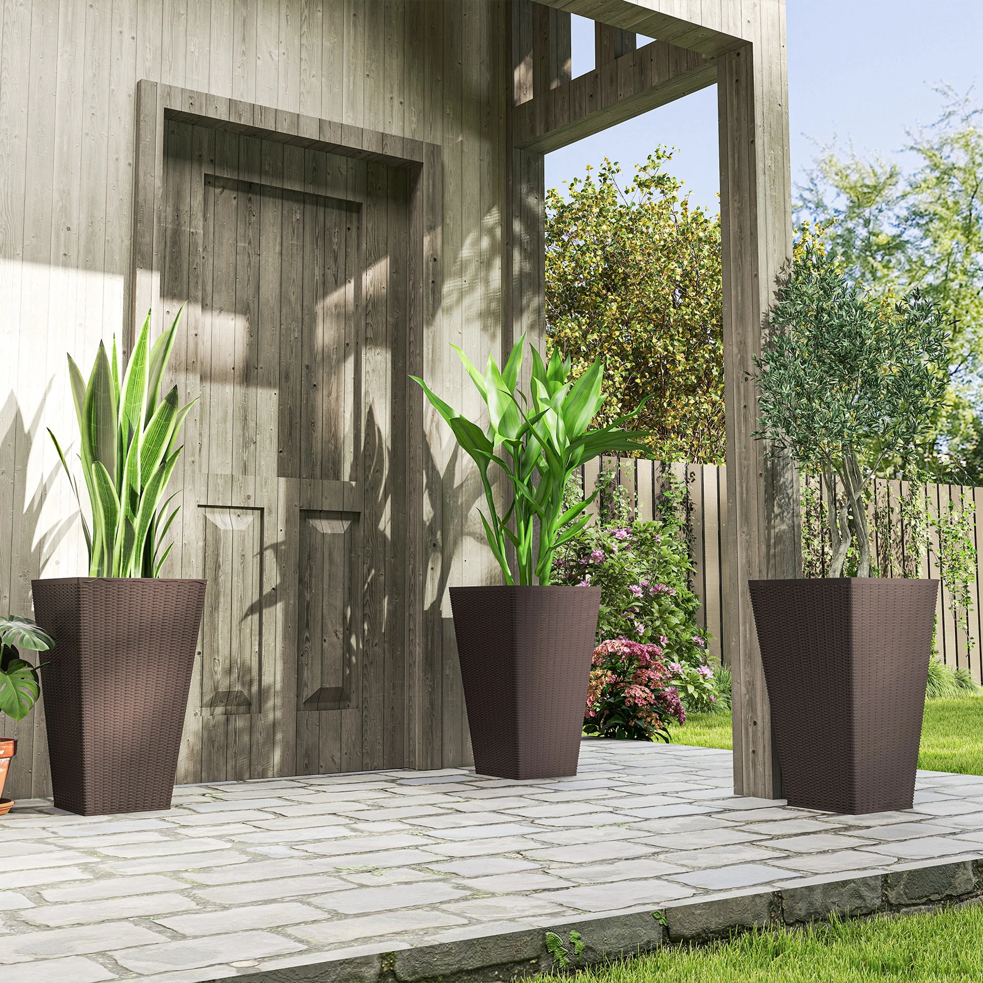 Set of 3 Tall Planters for Outdoor Plants with Drainage Hole, Indoor Outdoor Planter Flower Pot Set for Front Door, Entryway, Patio and Deck, Brown - Image 4