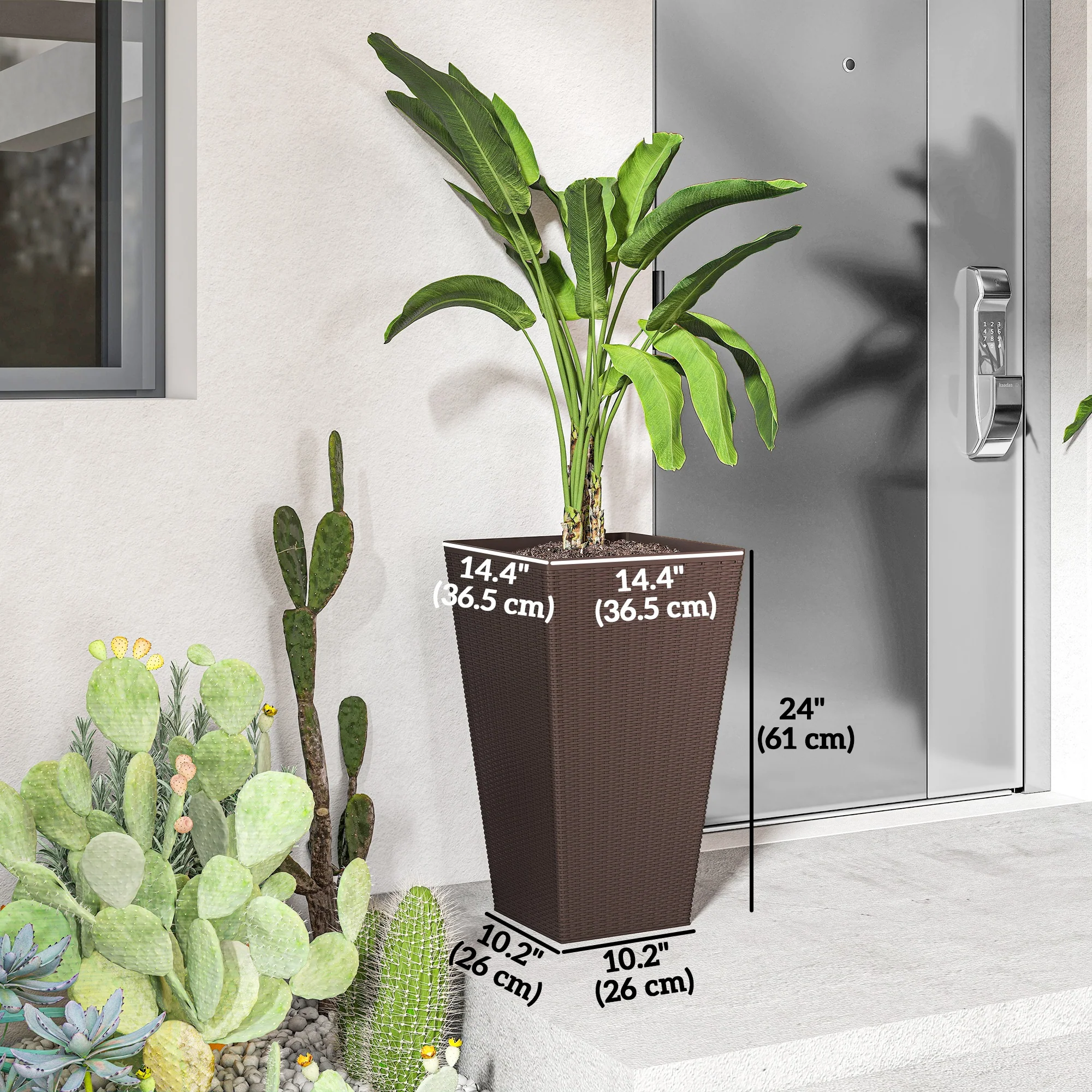 Set of 3 Tall Planters for Outdoor Plants with Drainage Hole, Indoor Outdoor Planter Flower Pot Set for Front Door, Entryway, Patio and Deck, Brown - Image 5