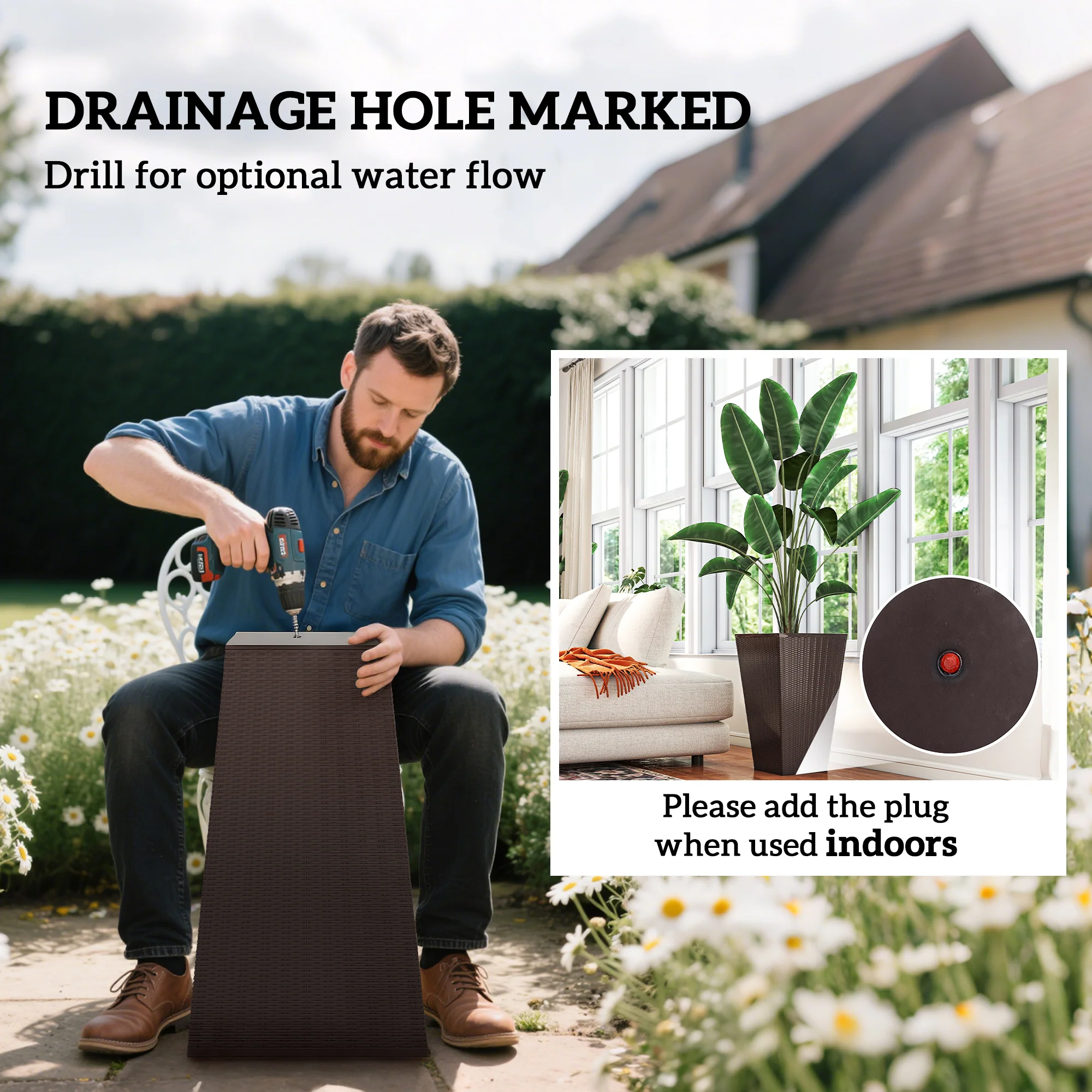 Set of 3 Tall Planters for Outdoor Plants with Drainage Hole, Indoor Outdoor Planter Flower Pot Set for Front Door, Entryway, Patio and Deck, Brown - Image 7
