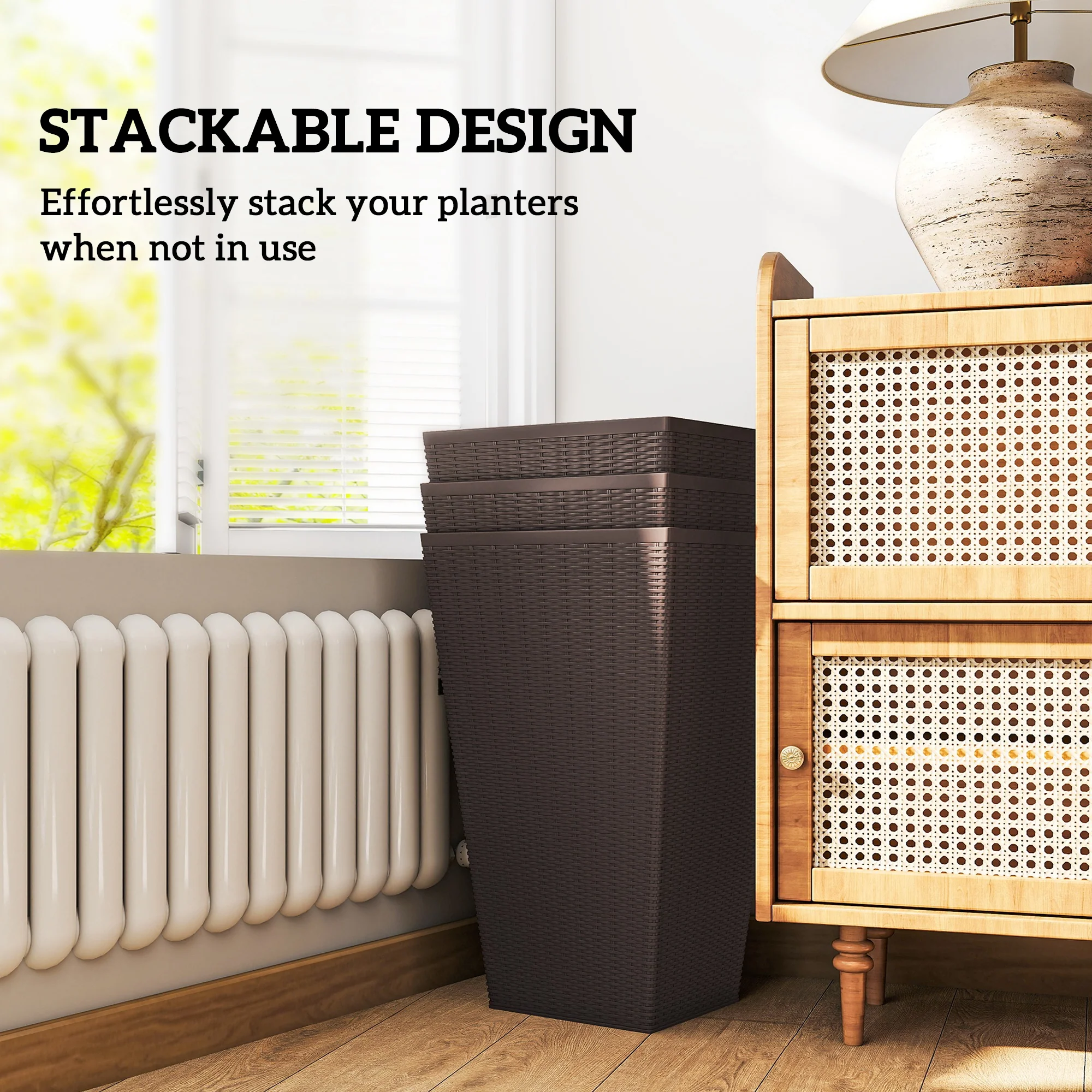 Set of 3 Tall Planters for Outdoor Plants with Drainage Hole, Indoor Outdoor Planter Flower Pot Set for Front Door, Entryway, Patio and Deck, Brown - Image 9