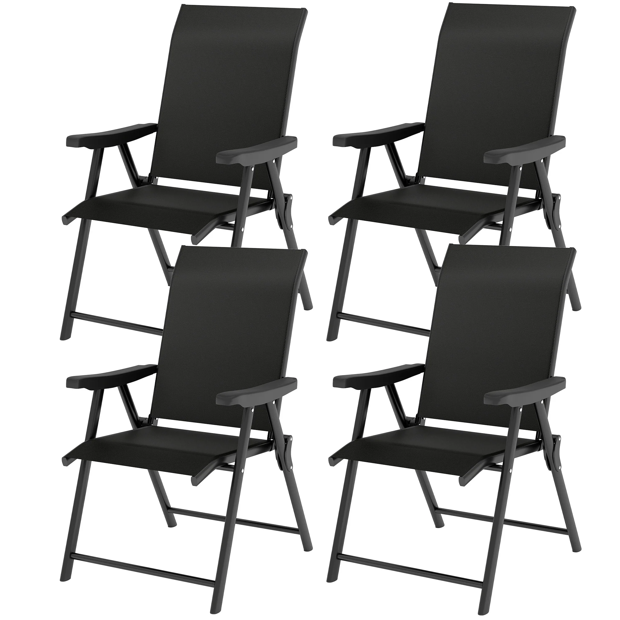 Set of 4 Folding Chair, Garden Chair Set with Breathable Mesh Back and Seat, Outdoor Camping Chairs with Armrests, Steel Frame for Deck Balcony, Black - Image 2