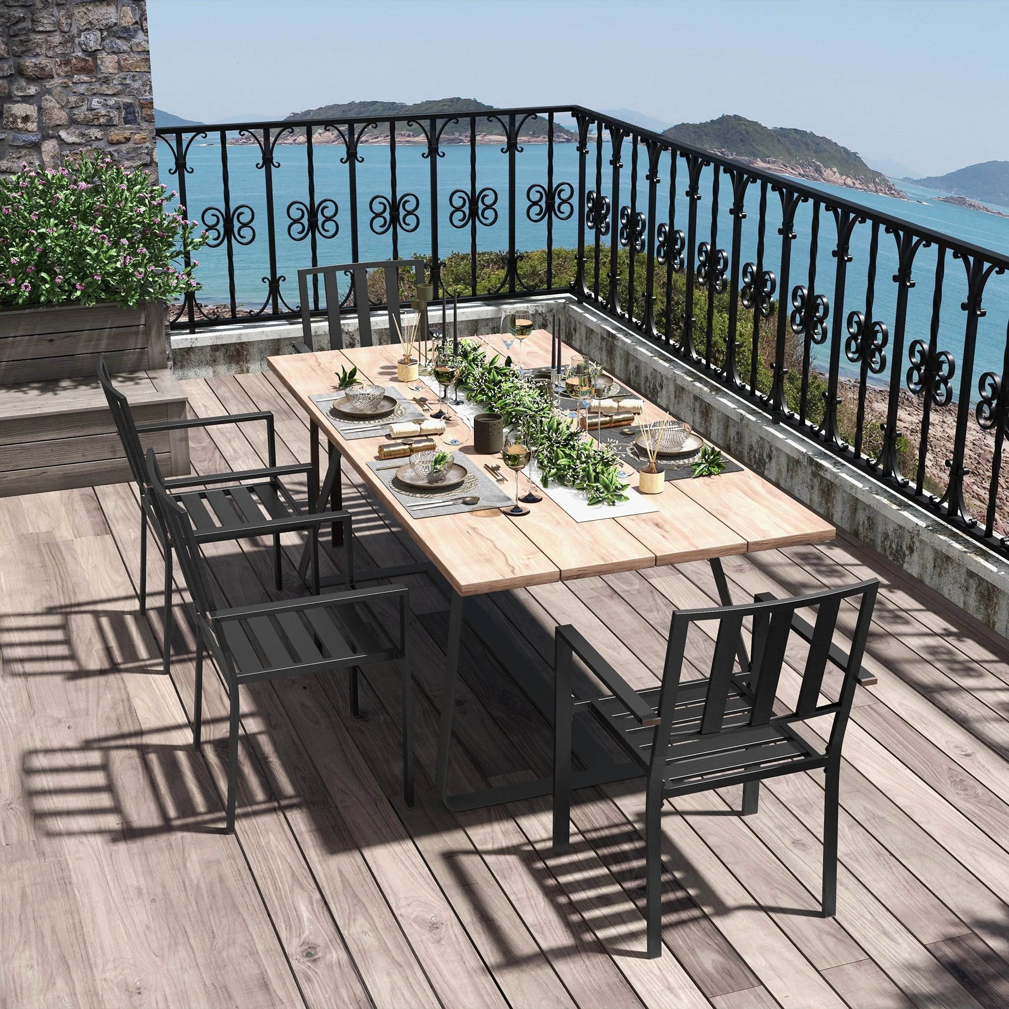 Set of 4 Garden Chairs, Stackable Outdoor Chairs with Metal Slatted Seat & Backrest, for Yard, Garden, Black - Image 3