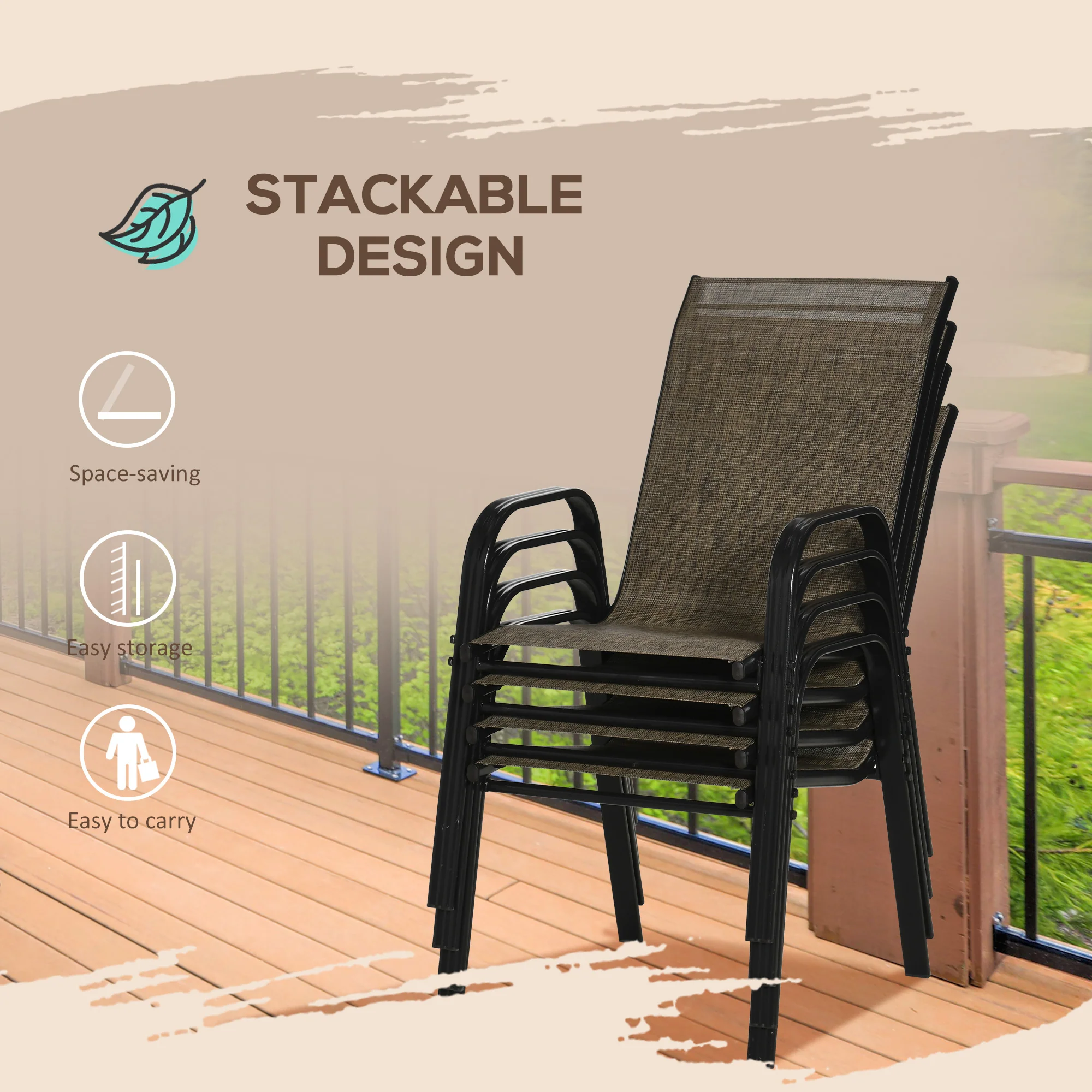 Set of 4 Outdoor Dining Chairs, Heavy Duty Stackable Patio Dining Set with Armrests, Brown - Image 7