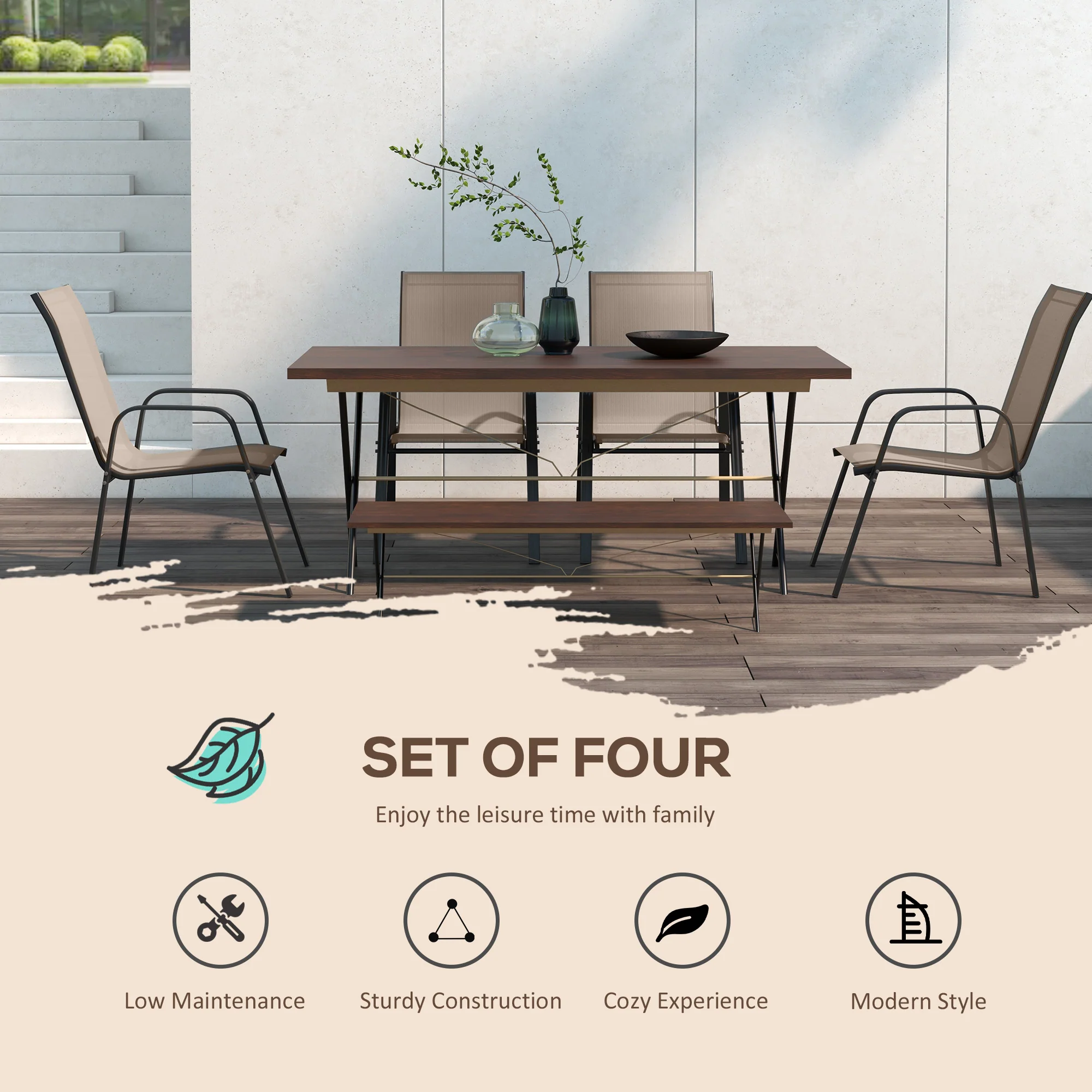 Set of 4 Outdoor Dining Chairs, Heavy Duty Stackable Patio Dining Set with Armrests, Grey - Image 6