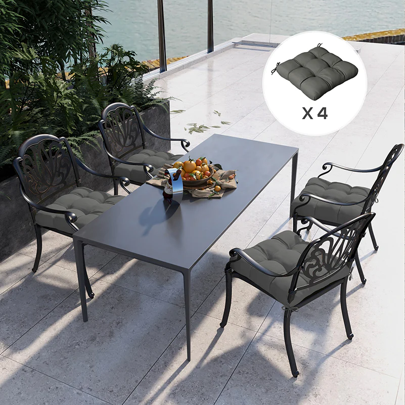 4 Piece Outdoor Seat Cushions with Ties, Water Repellent Chairs Seat Pads, Charcoal Grey - Image 4