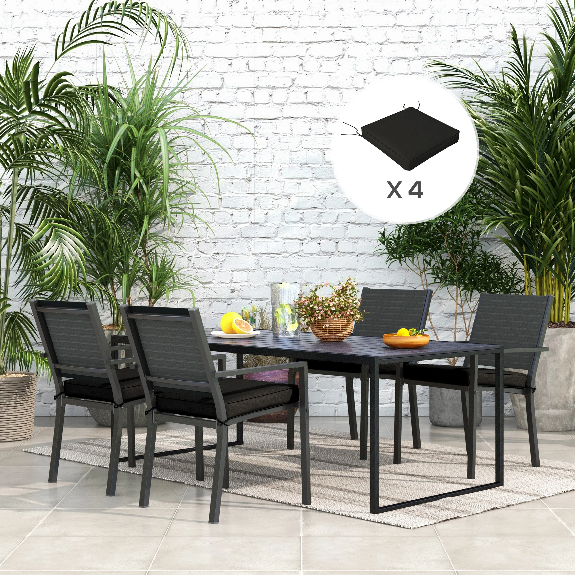 4 Piece Outdoor Seat Cushions with Ties, Water Repellent Chairs Seat Pads, Black - Image 3