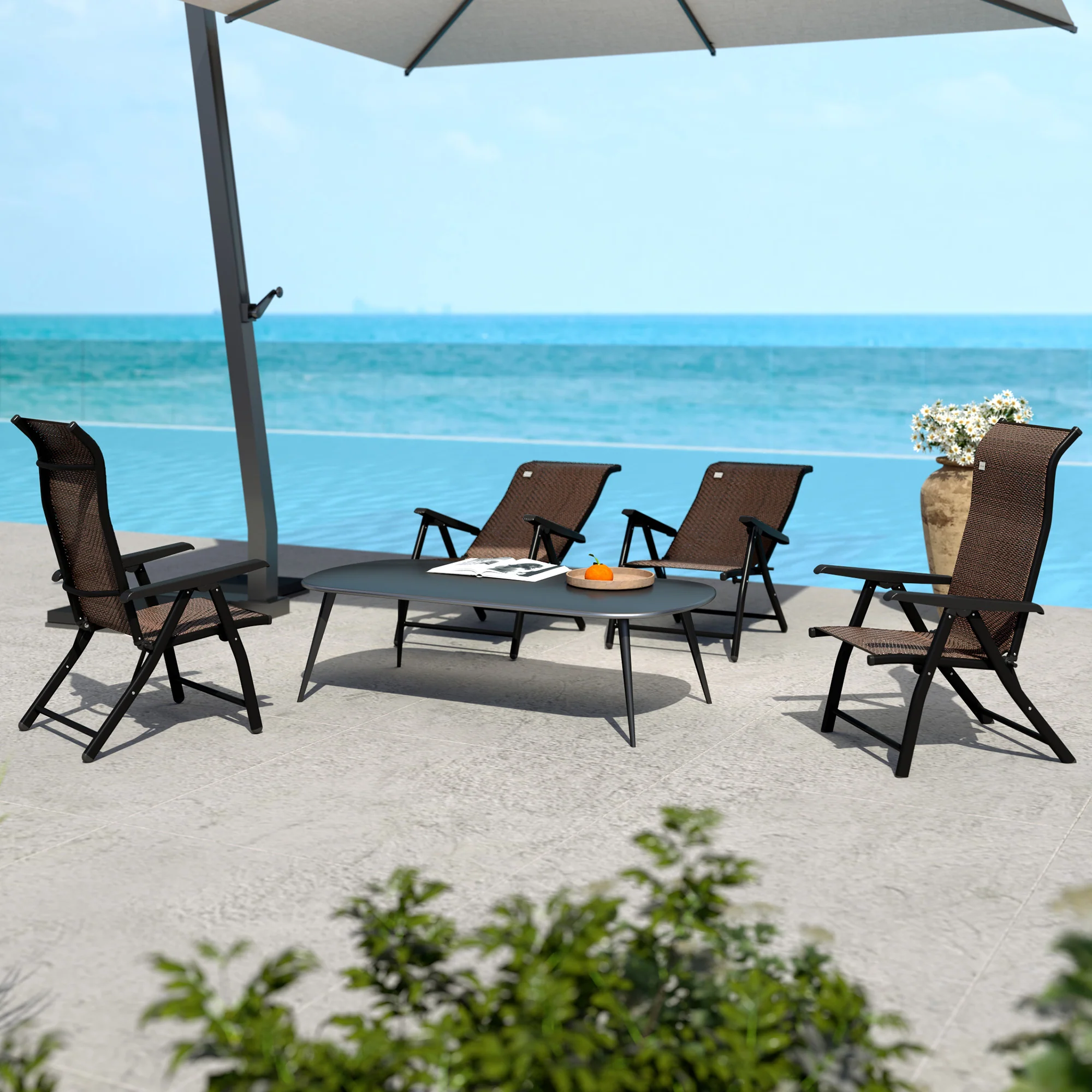 Set of 4 Folding Rattan Dining Chairs with 7 Levels Adjustable Backrest, Dark Brown - Image 10