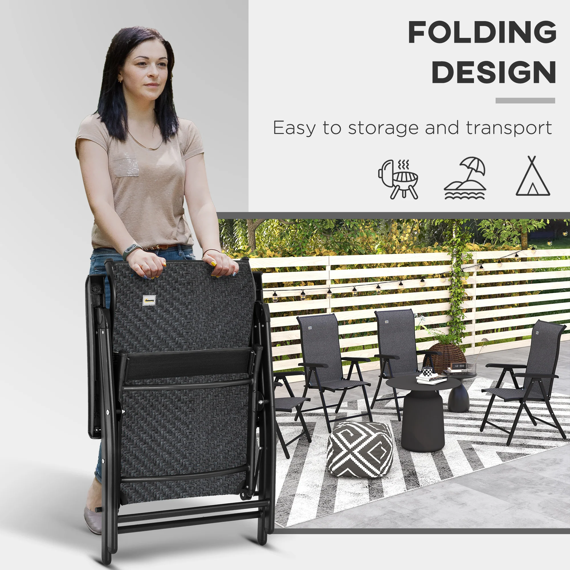 Set of 4 Folding Rattan Dining Chairs with 7 Levels Adjustable Backrest, Grey - Image 6