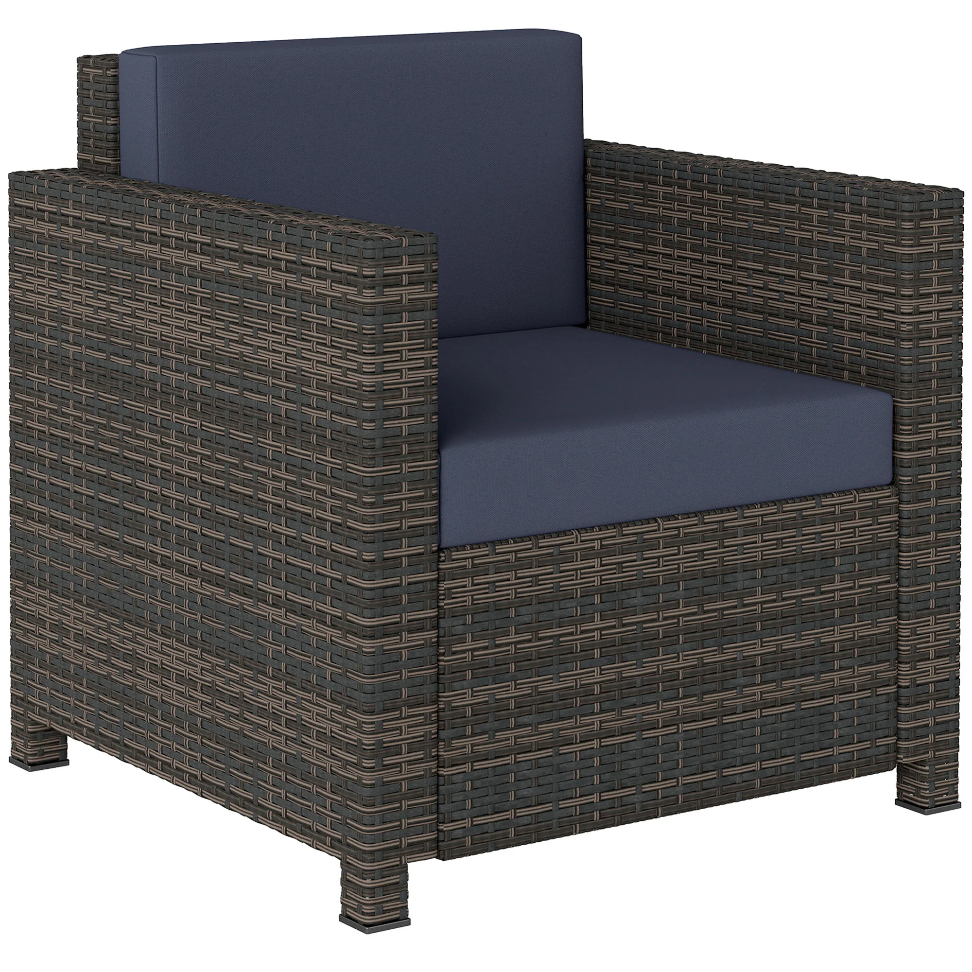 Single Rattan Garden Armchair with 10 cm Cushion & Armrests, Mixed Brown/Navy Blue
