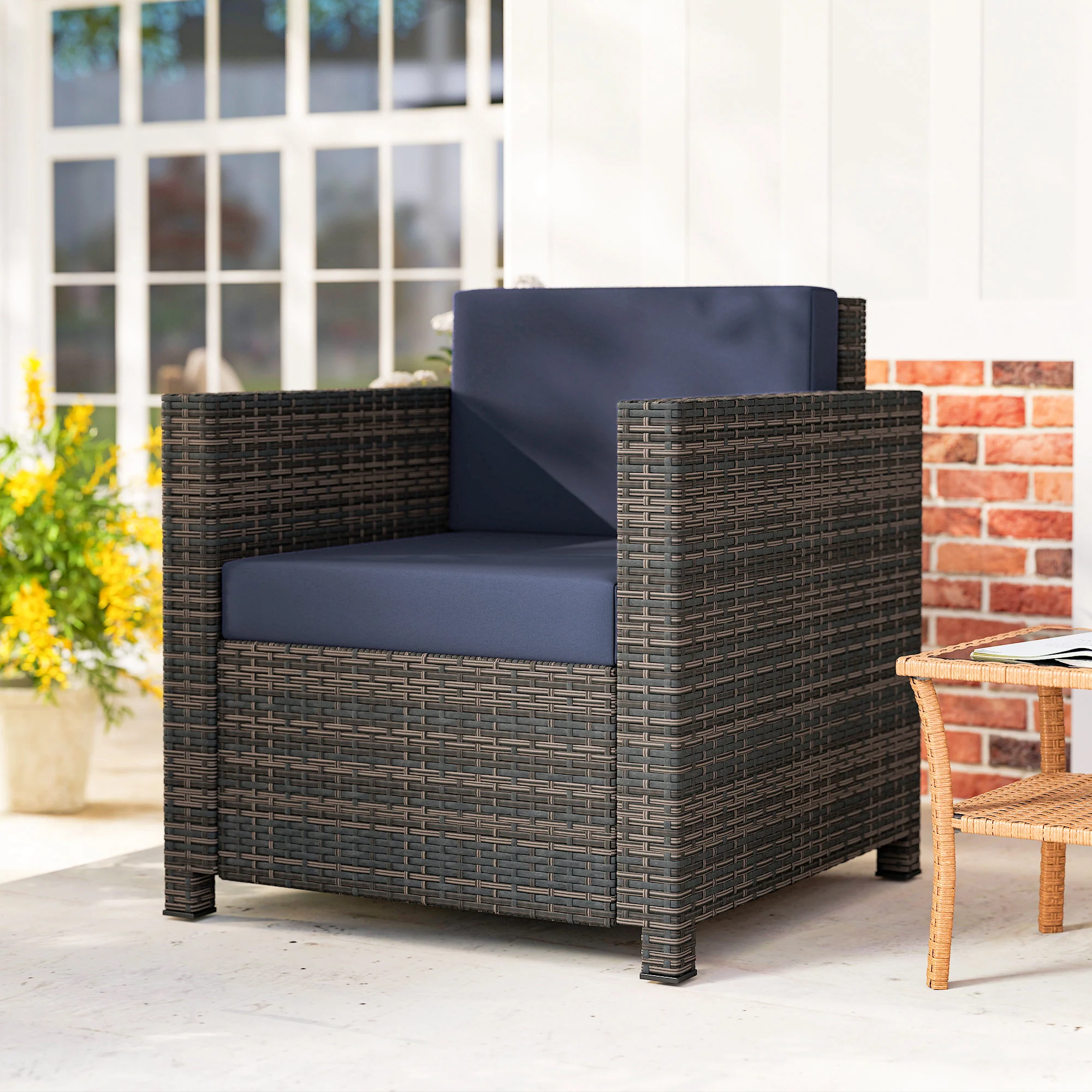 Single Rattan Garden Armchair with 10 cm Cushion & Armrests, Mixed Brown/Navy Blue - Image 10