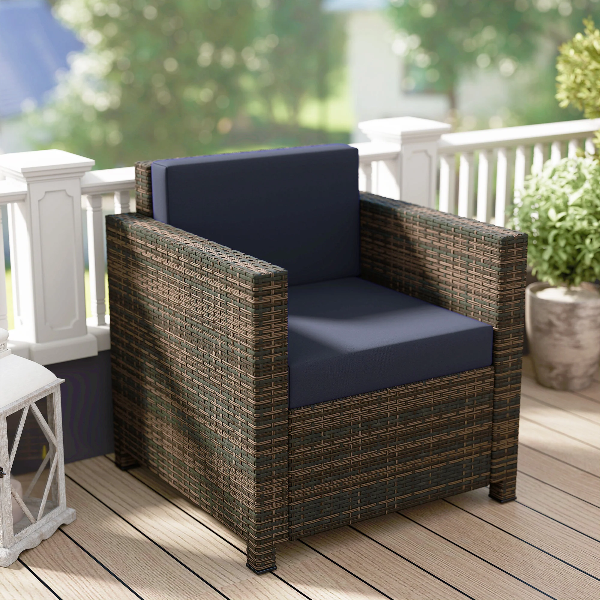 Single Rattan Garden Armchair with 10 cm Cushion & Armrests, Mixed Brown/Navy Blue - Image 11
