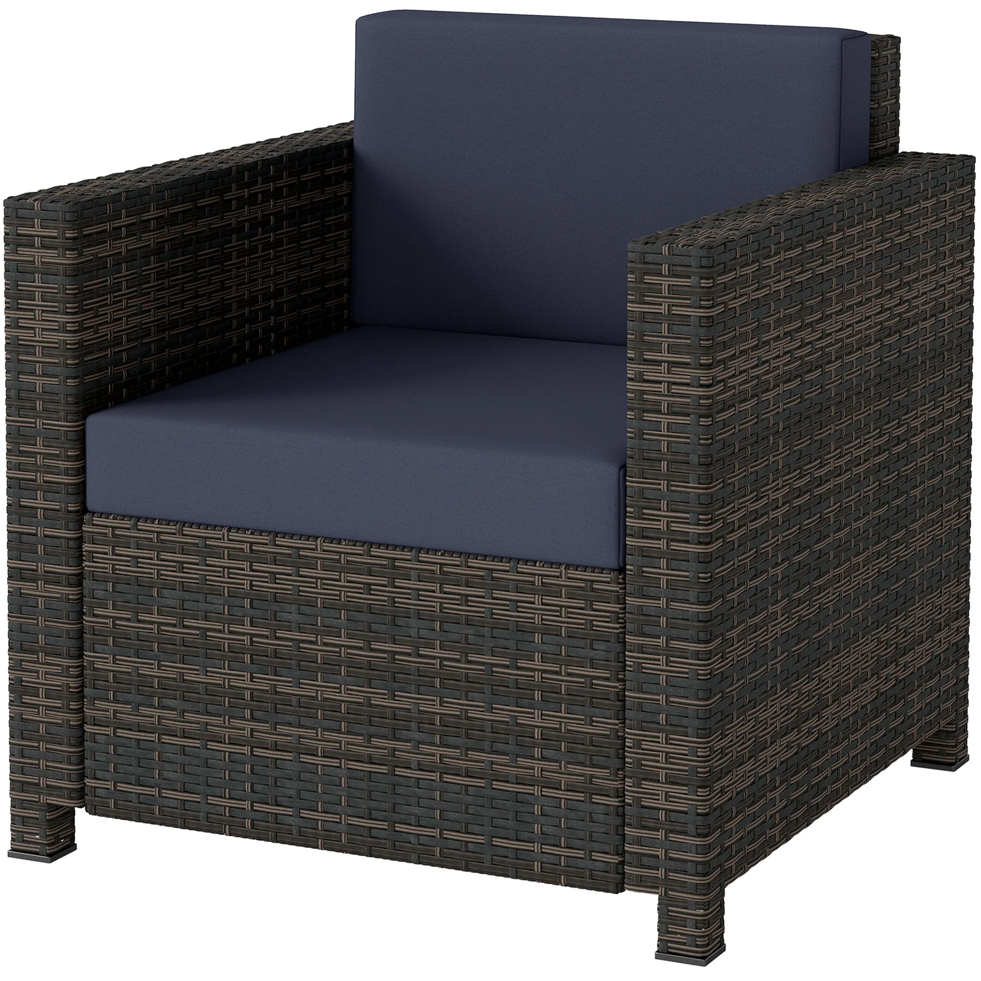 Single Rattan Garden Armchair with 10 cm Cushion & Armrests, Mixed Brown/Navy Blue - Image 2