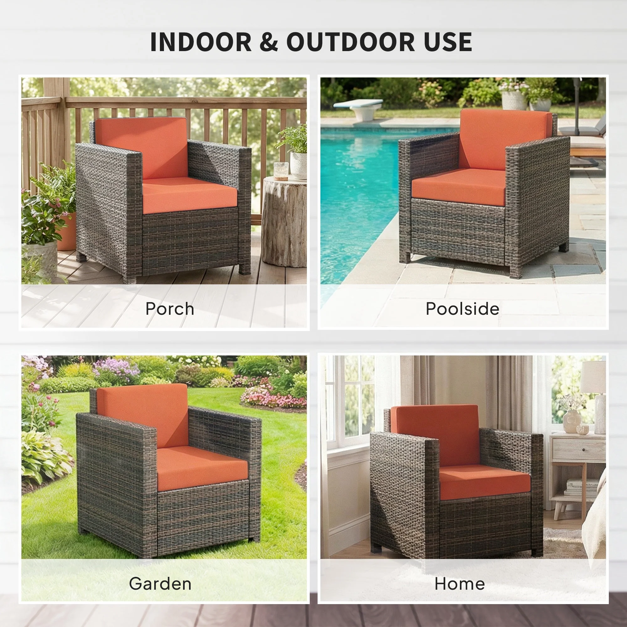 Single Rattan Garden Armchair with 10 cm Cushion & Armrests, Mixed Brown/Orange - Image 9