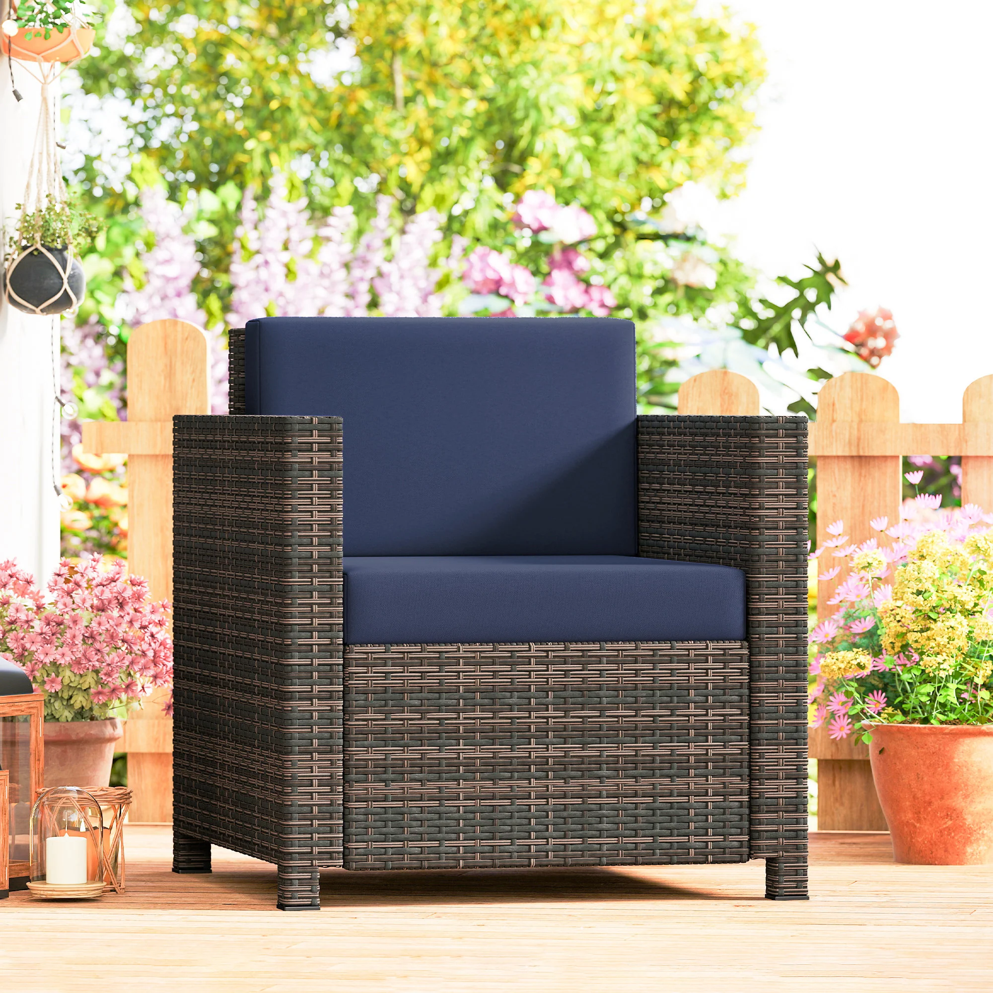 Single Rattan Garden Armchair with 10 cm Cushion & Armrests, Mixed Brown/Navy Blue - Image 3