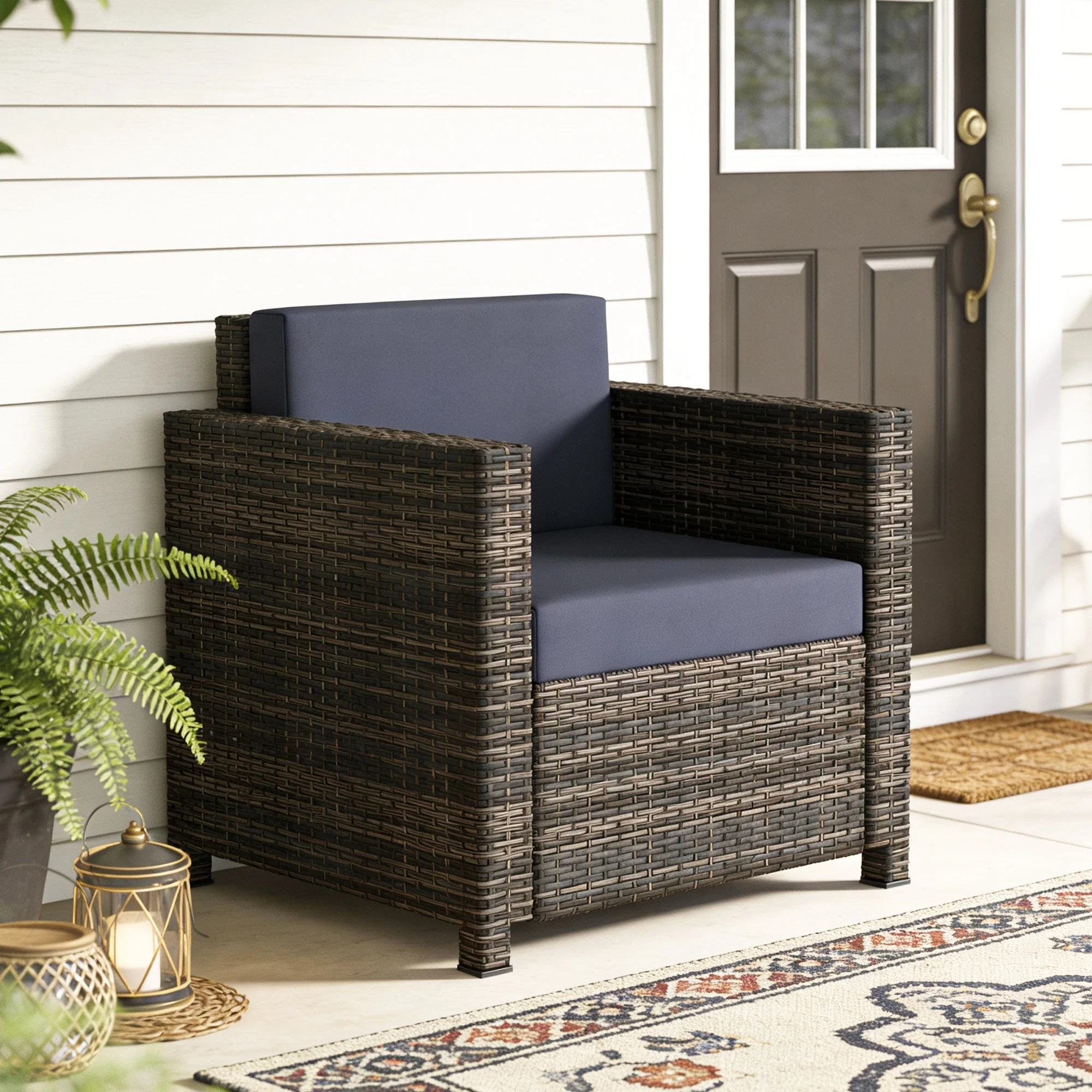 Single Rattan Garden Armchair with 10 cm Cushion & Armrests, Mixed Brown/Navy Blue - Image 4