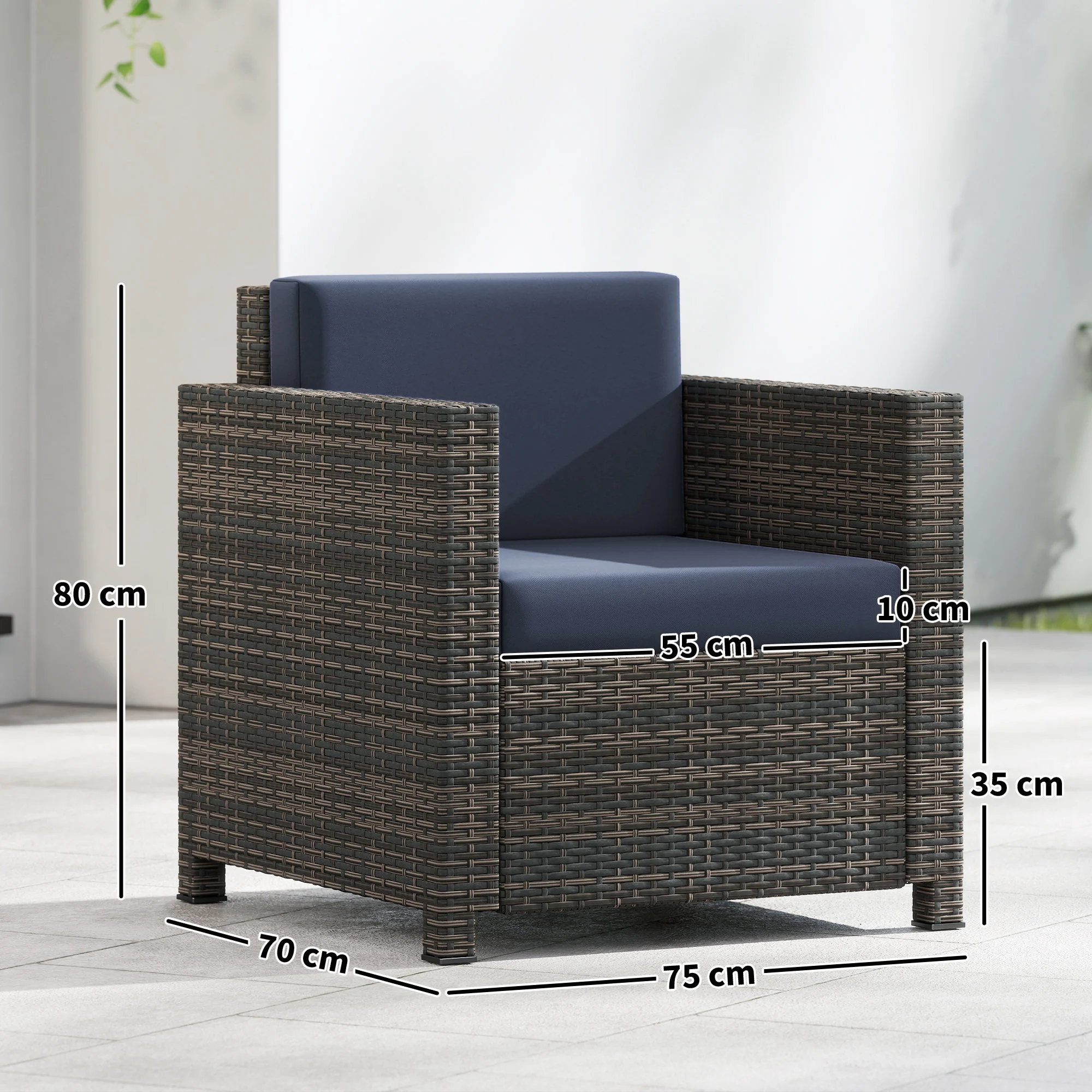 Single Rattan Garden Armchair with 10 cm Cushion & Armrests, Mixed Brown/Navy Blue - Image 5