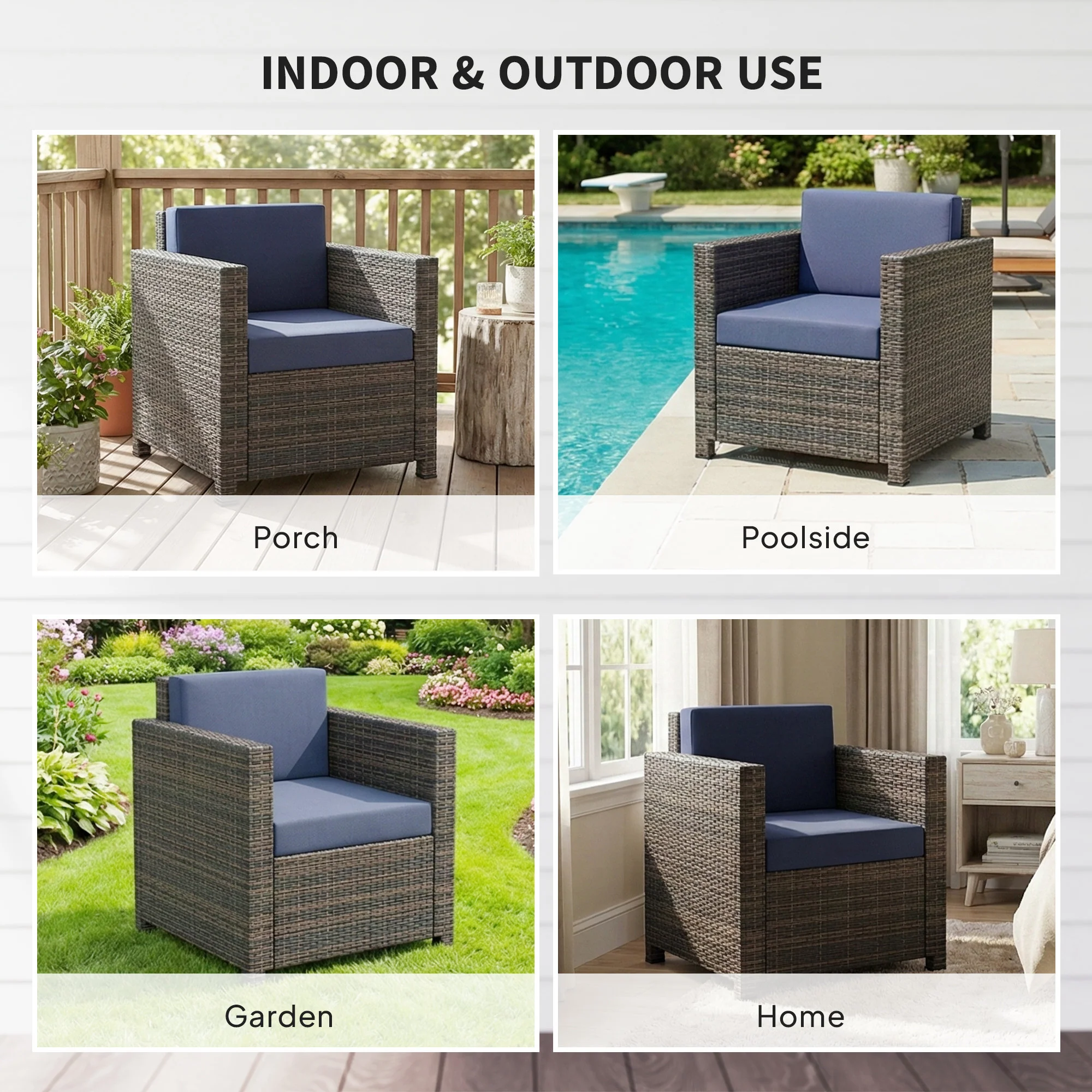 Single Rattan Garden Armchair with 10 cm Cushion & Armrests, Mixed Brown/Navy Blue - Image 9