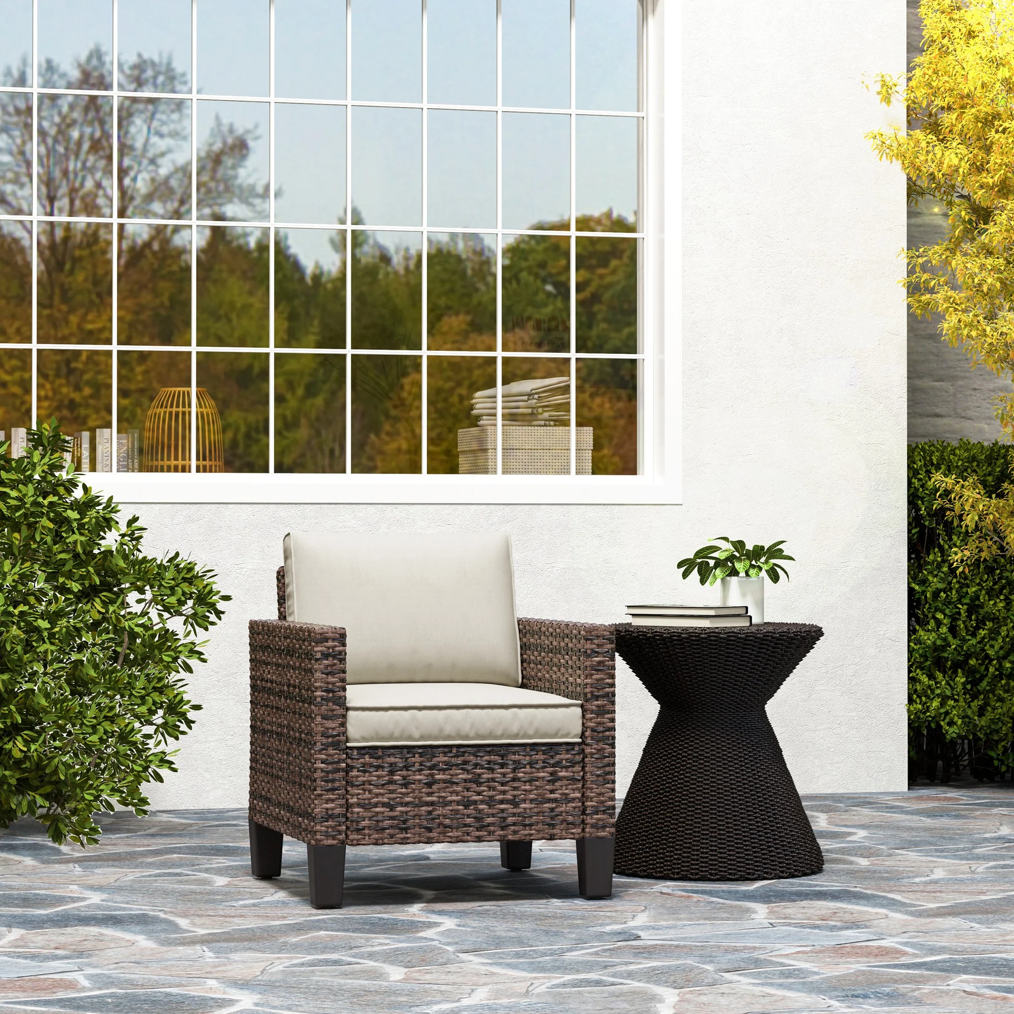 Single Seater Rattan Garden Armchair with Cushions for Patio, Porch, Brown - Image 9